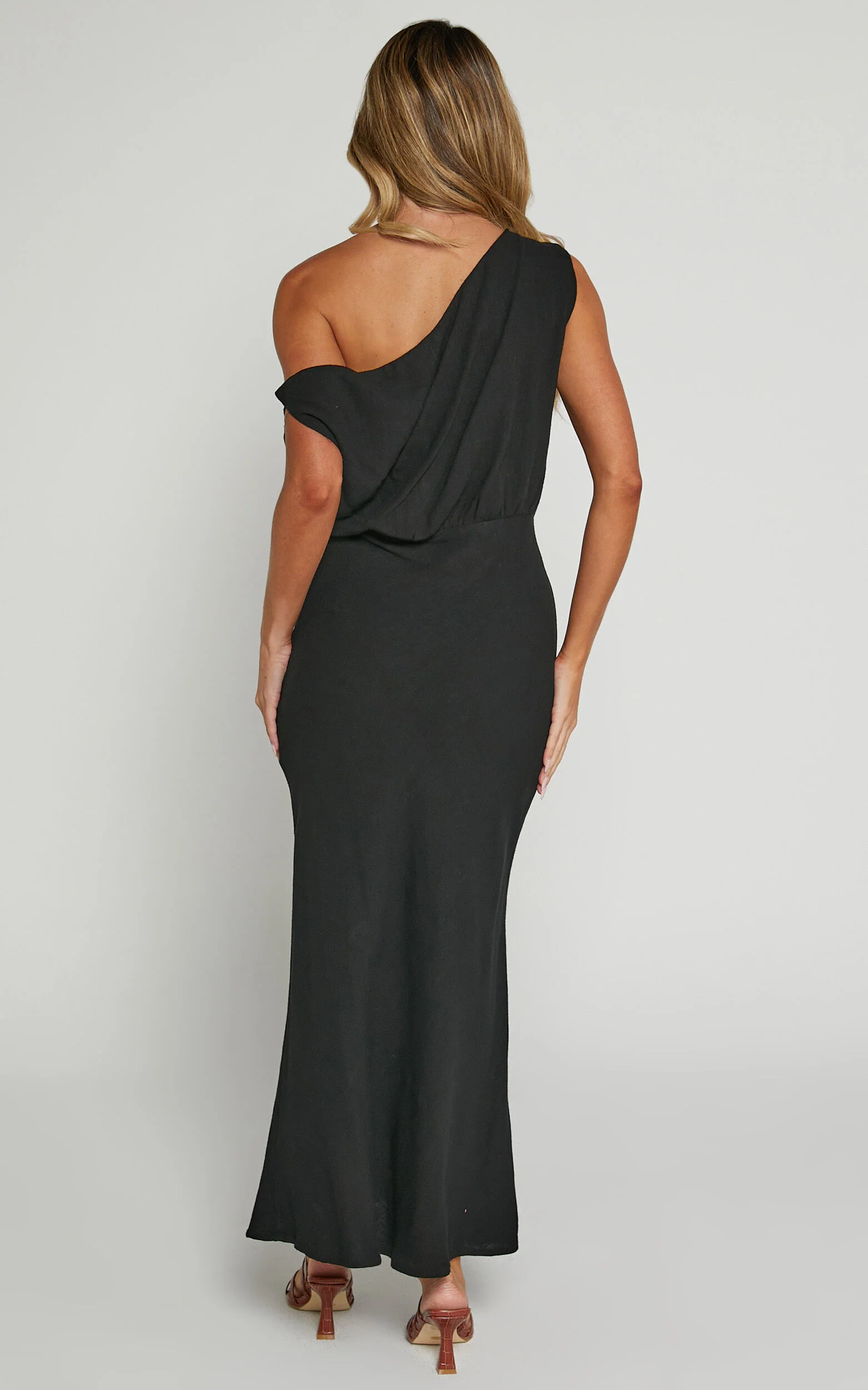 Jacqueline Midi Dress - Linen One Shoulder Dress in Black