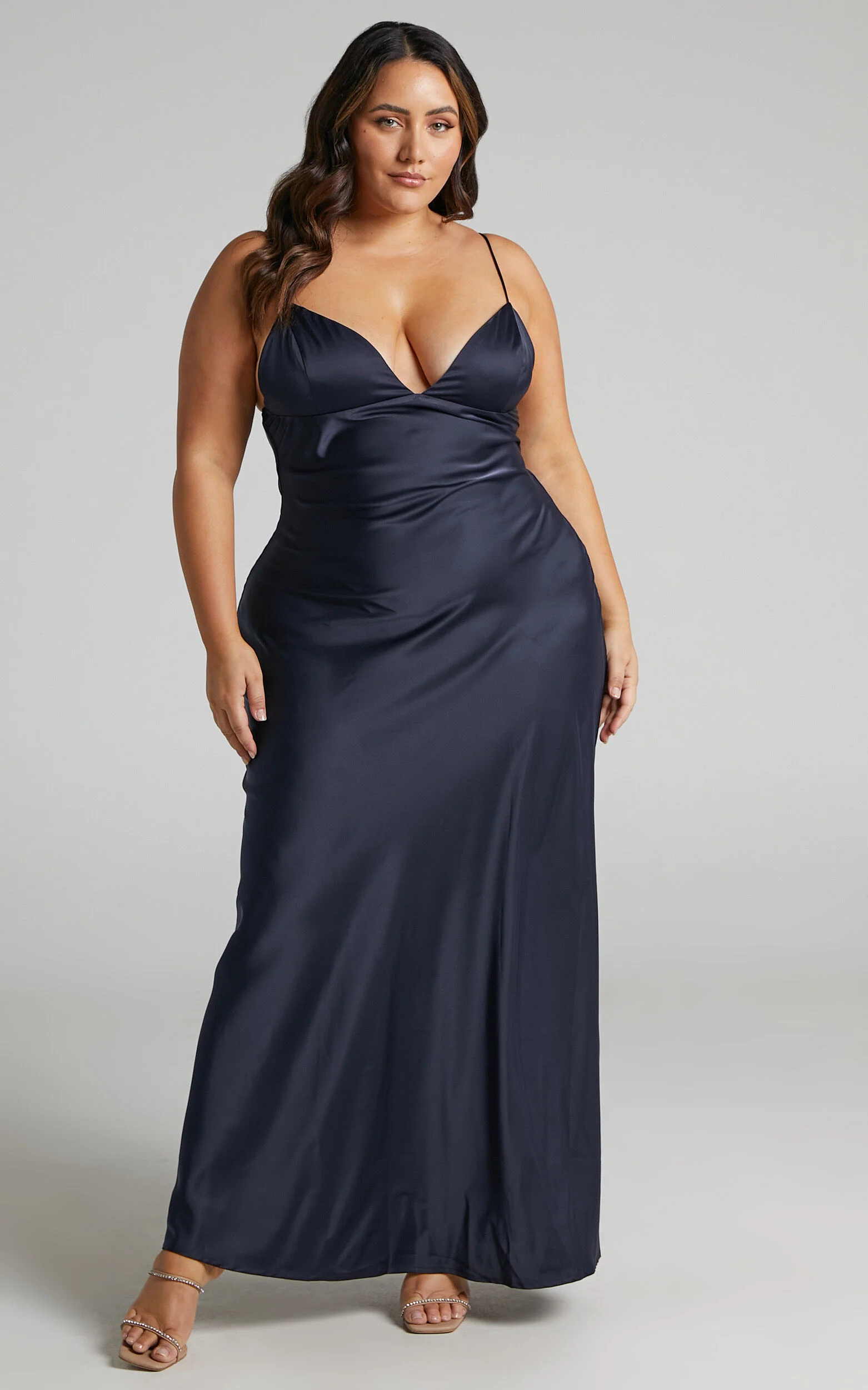 Cariela Midi Dress - Plunge Neck Satin Dress in Navy