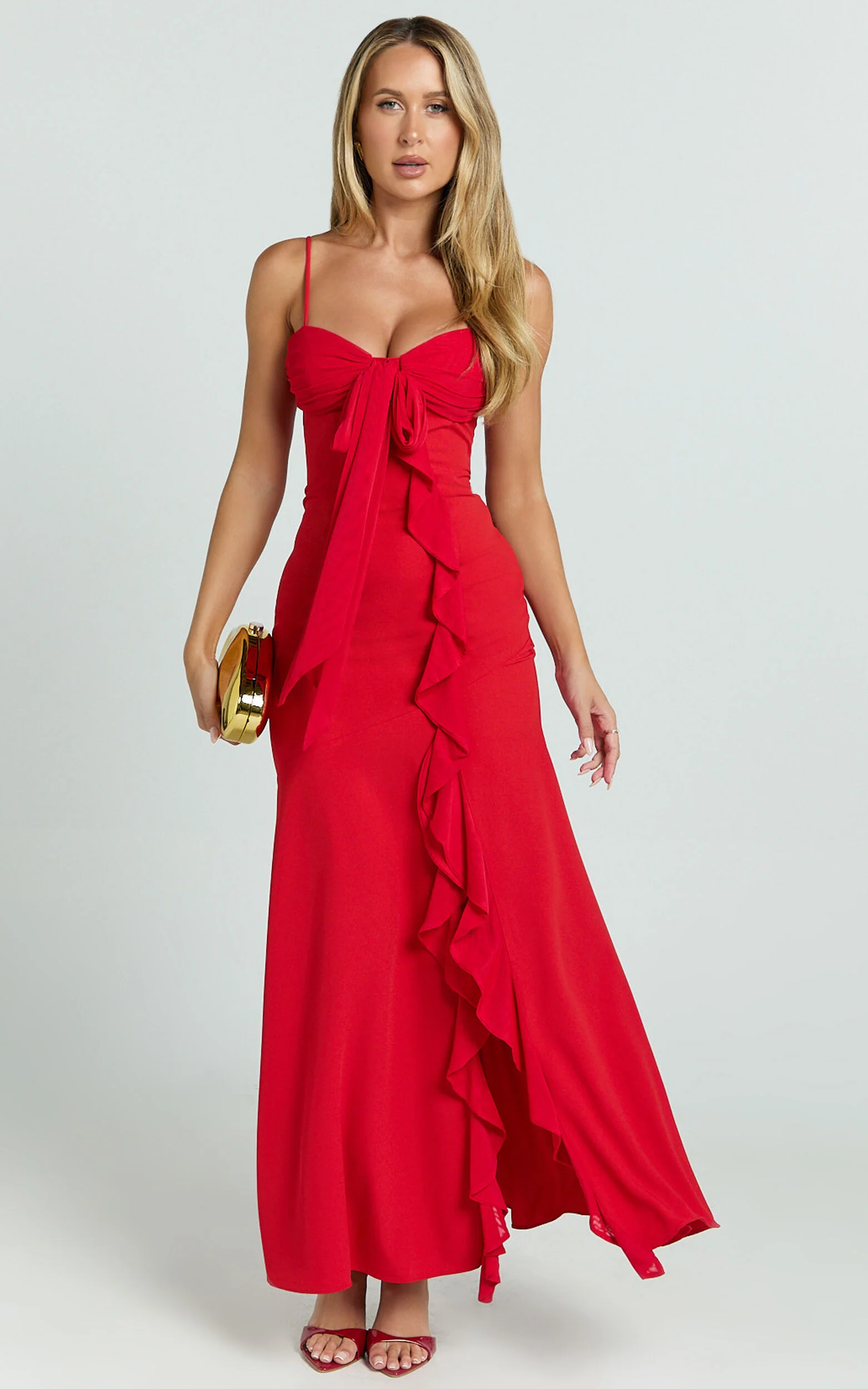 Lacie Maxi Dress - V Neck Bias Cut Ruffle Tie Front Dress in Red