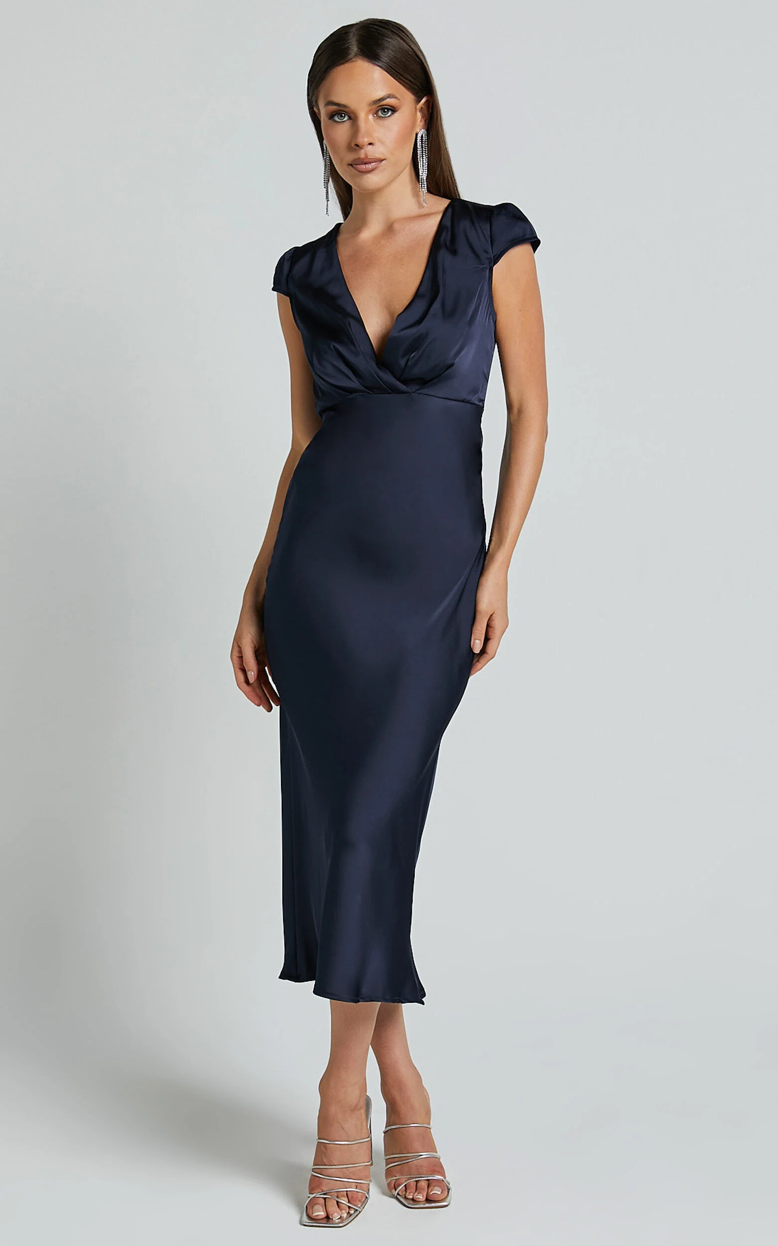 Marleen Midi Dress - Wrap Front Cap Sleeve Satin Bias Cut Dress in Midnight Blue