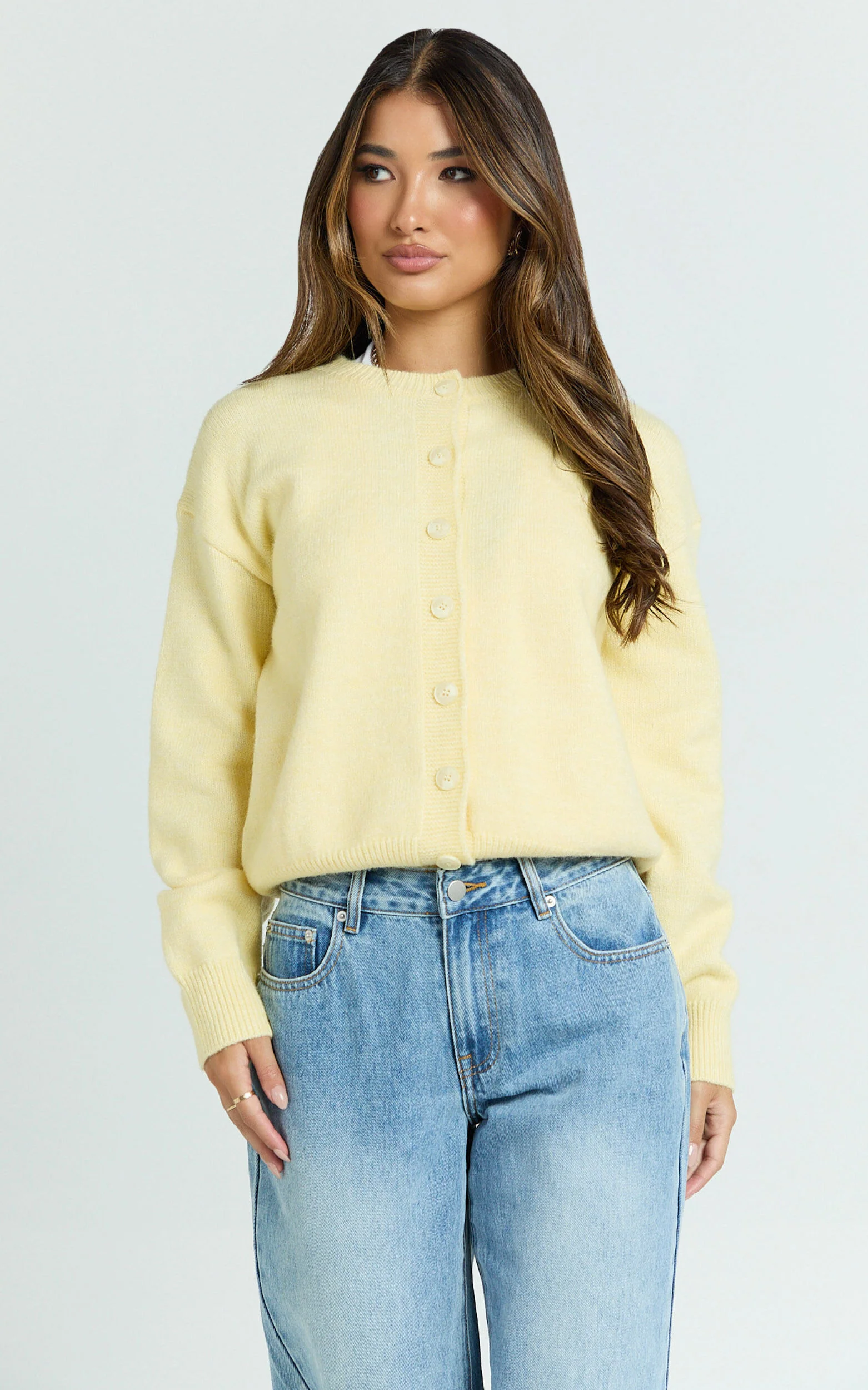 Lucille Cardigan - Button Through Scoop Neck Knit Cardigan in Lemon