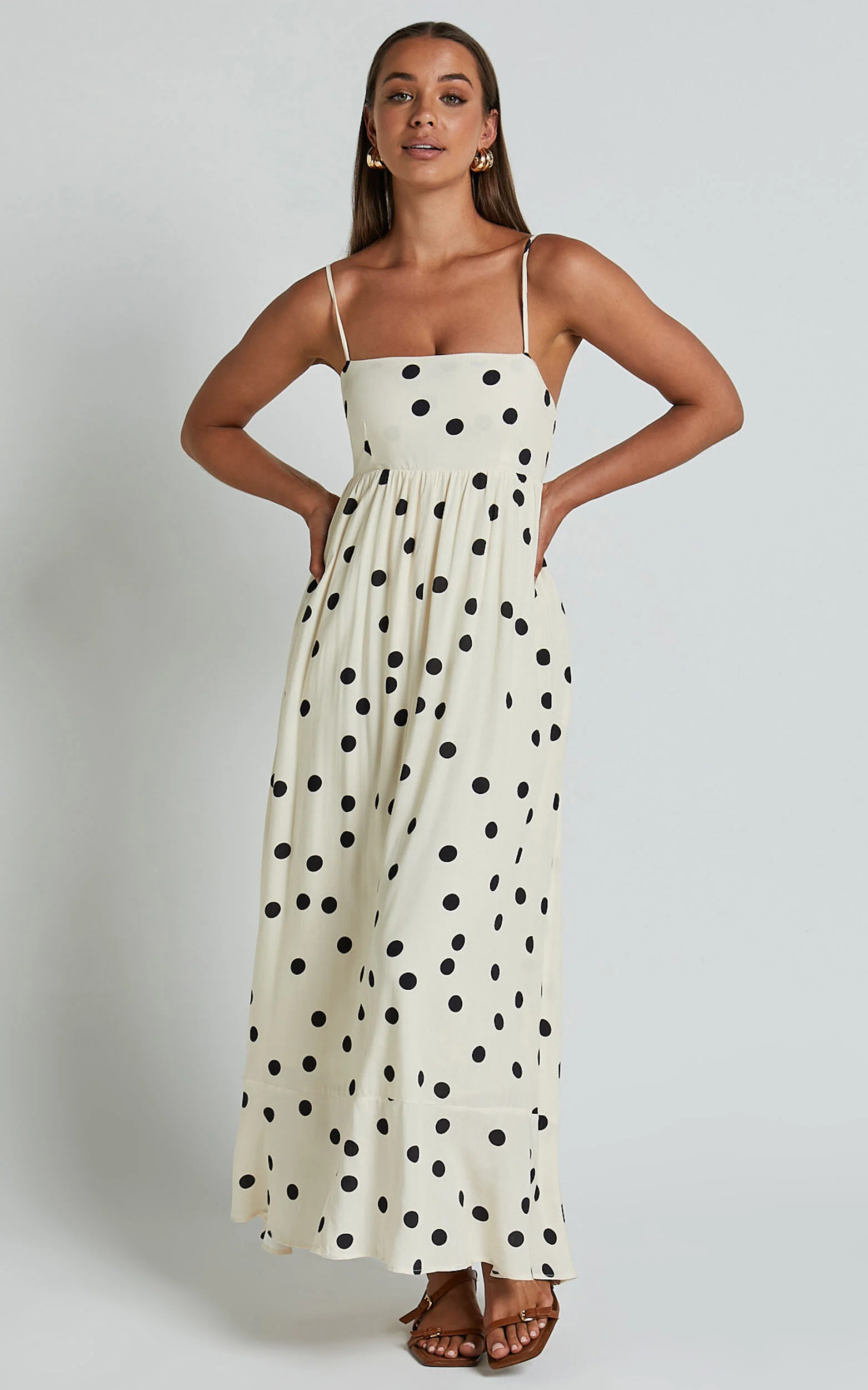 Miriam Midi Linen Dress - Strappy Straight Neck A Line Dress in Beige & Black Spot
