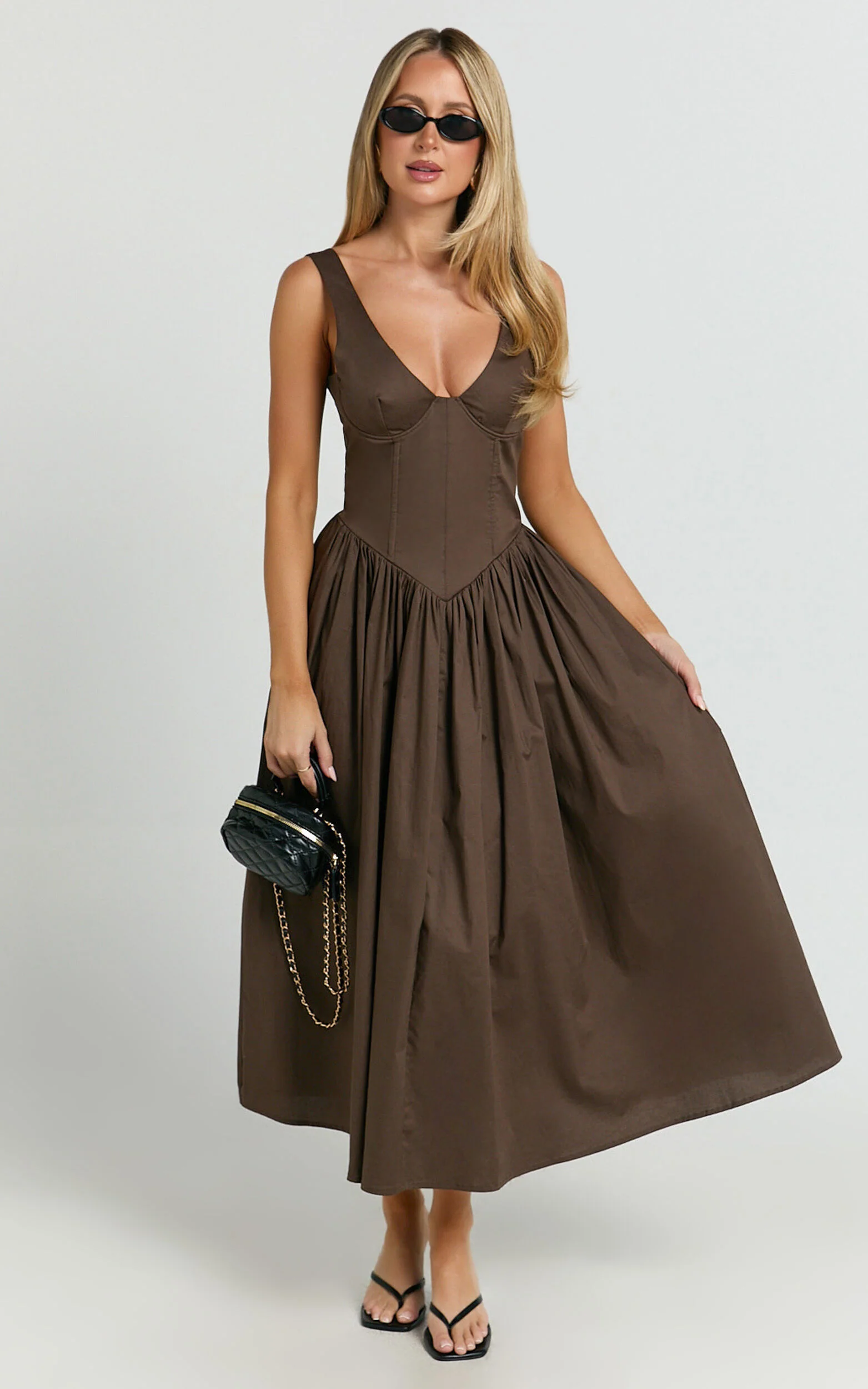 Beckett Midi Dress - Scoop Neck Drop V Waist Gathered Skirt Dress in Dark Chocolate