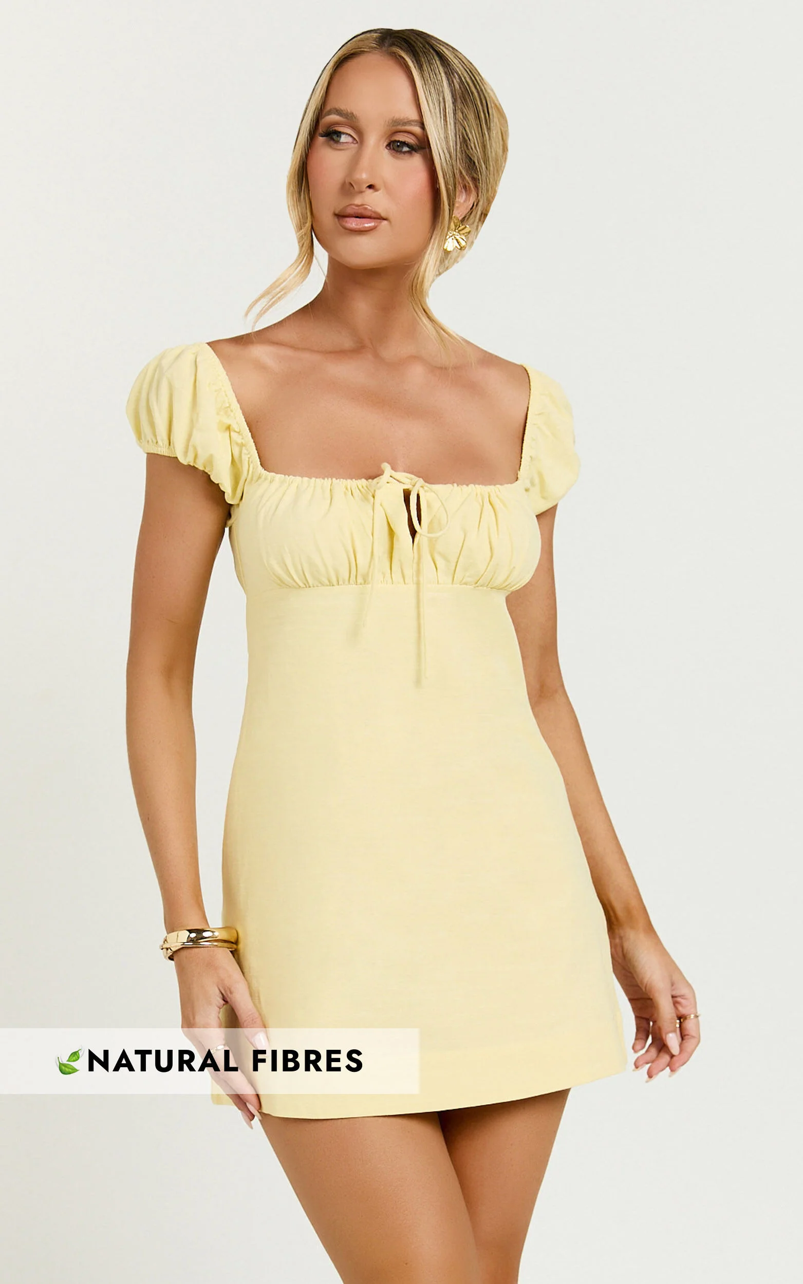 Maddy Mini Dress - Ruched Bust Short Sleeve Dress in Lemon