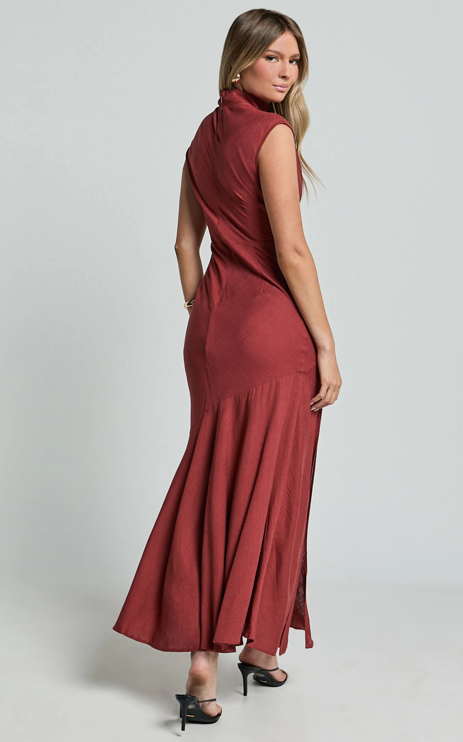 Arielle Maxi Linen Dress - High Neck Thigh Split Slip Dress in Rust