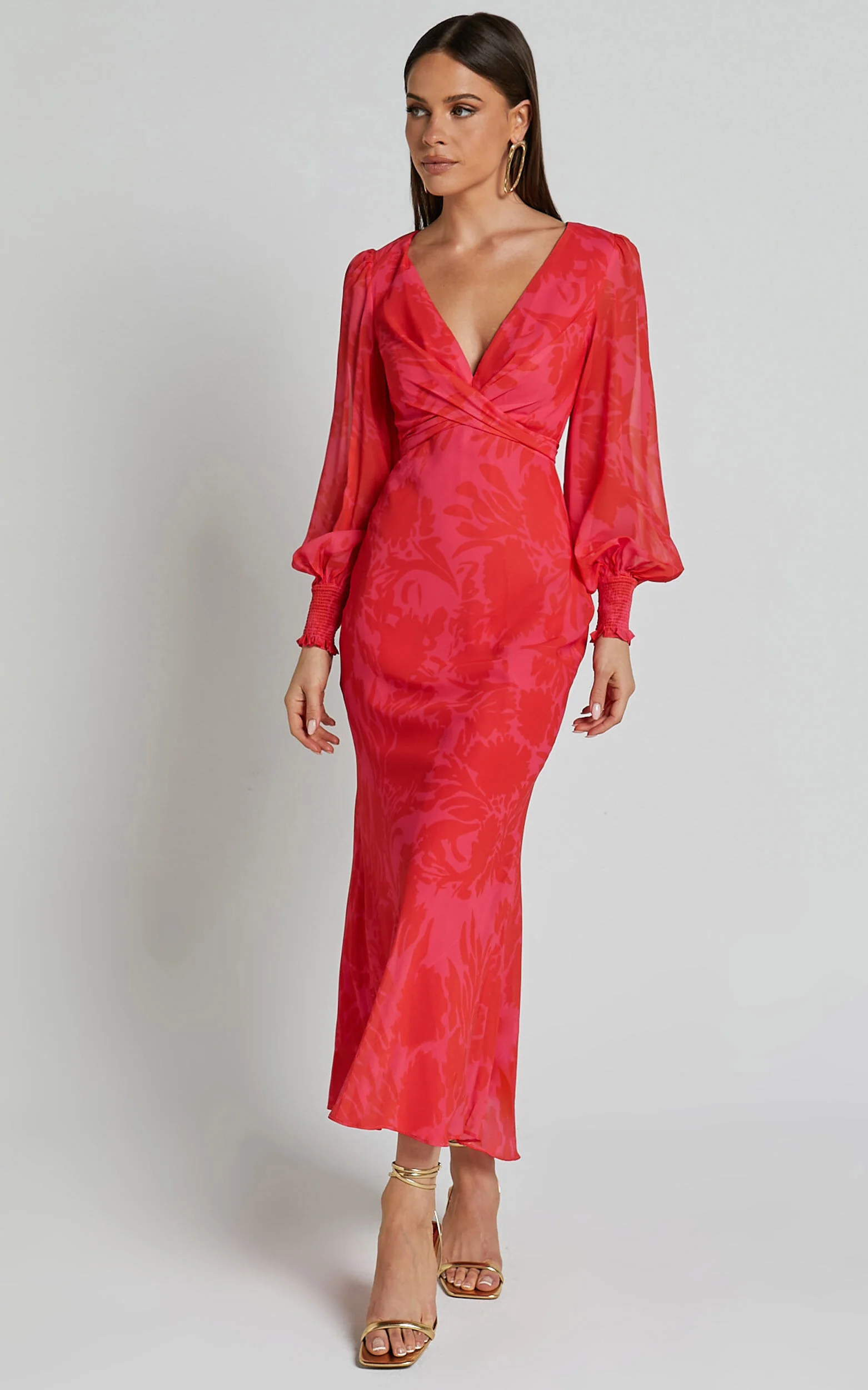 Claude Midi Dress - Deep V Neck Long Sleeve Slip Dress in Print