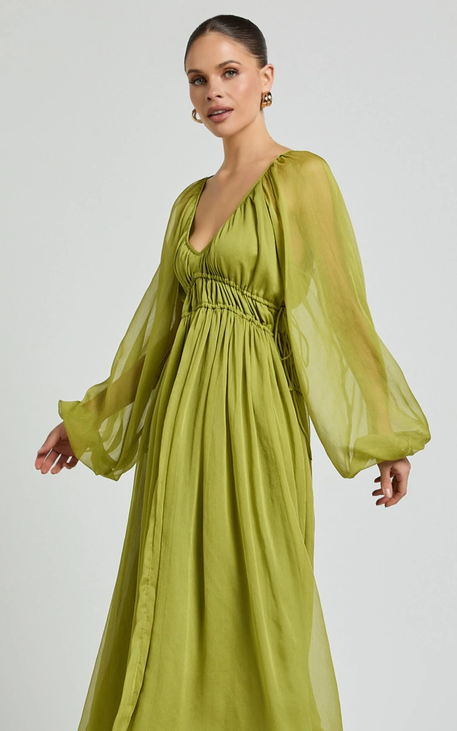 Roxanna Maxi Dress - Long Sleeve Ruched Waist Dress in Green