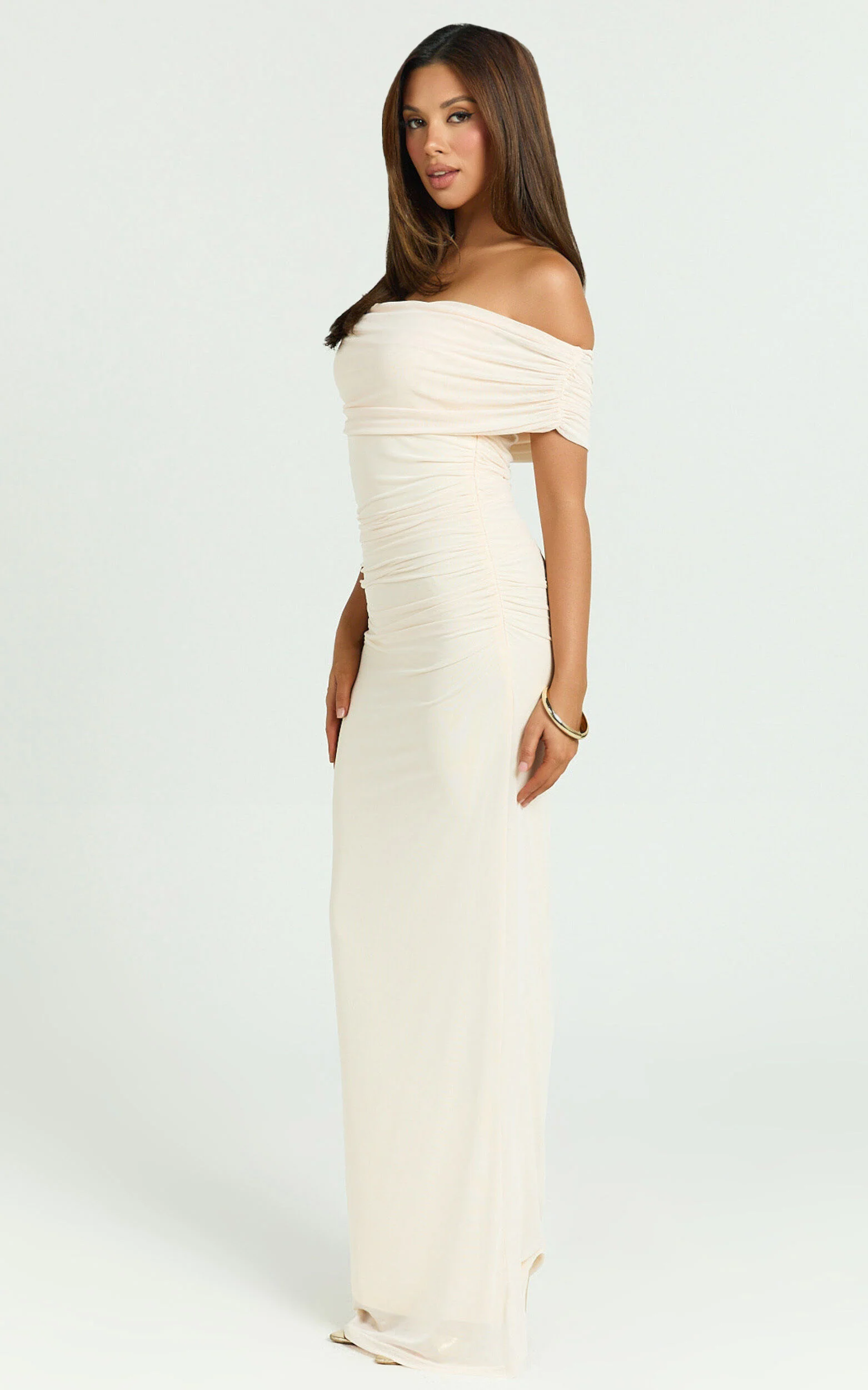 Caterina Maxi - Ruched Off Shoulder Mesh Dress in Off White