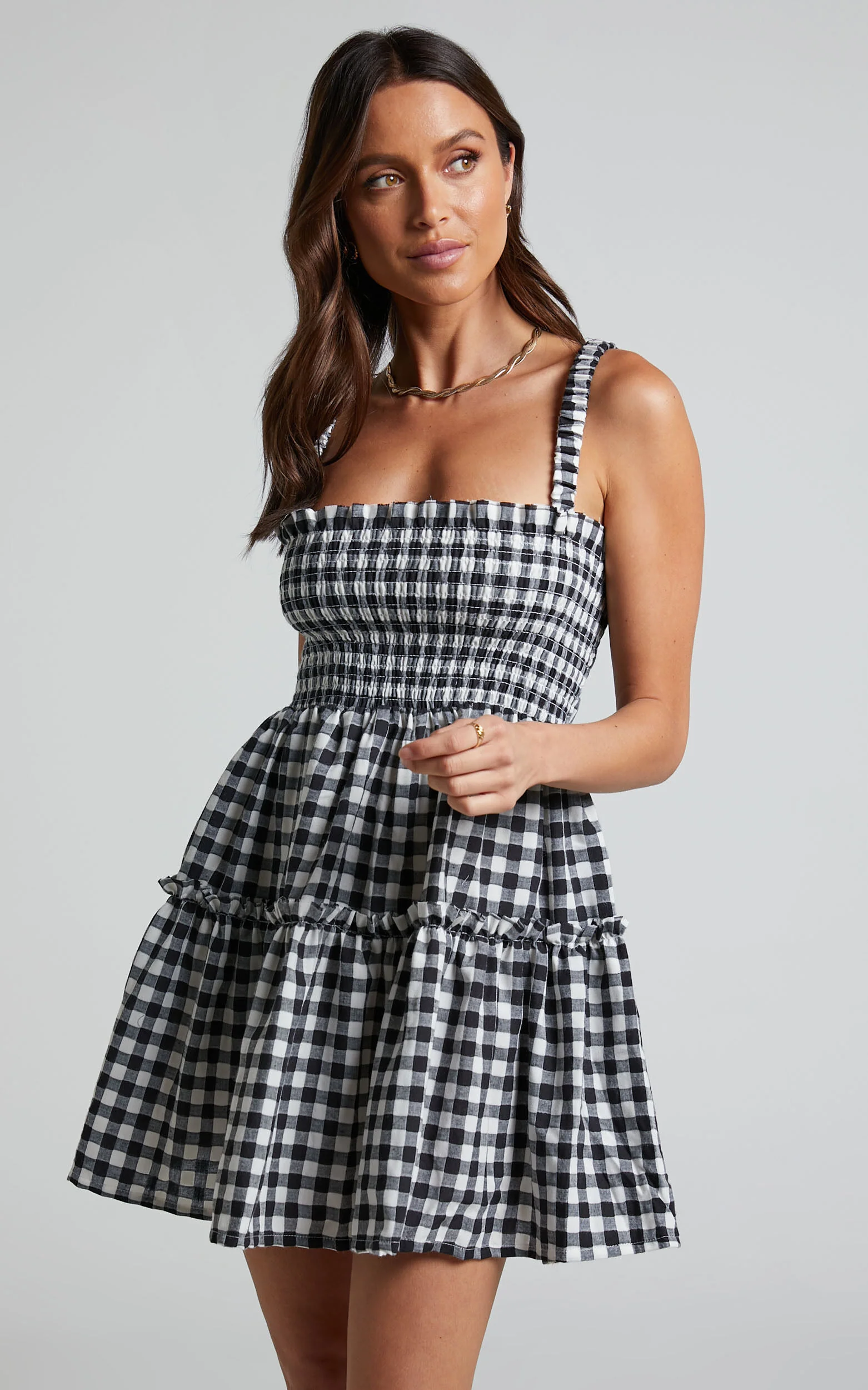 Wilda Mini Dress - Shirred Tiered Dress in Black and White Check