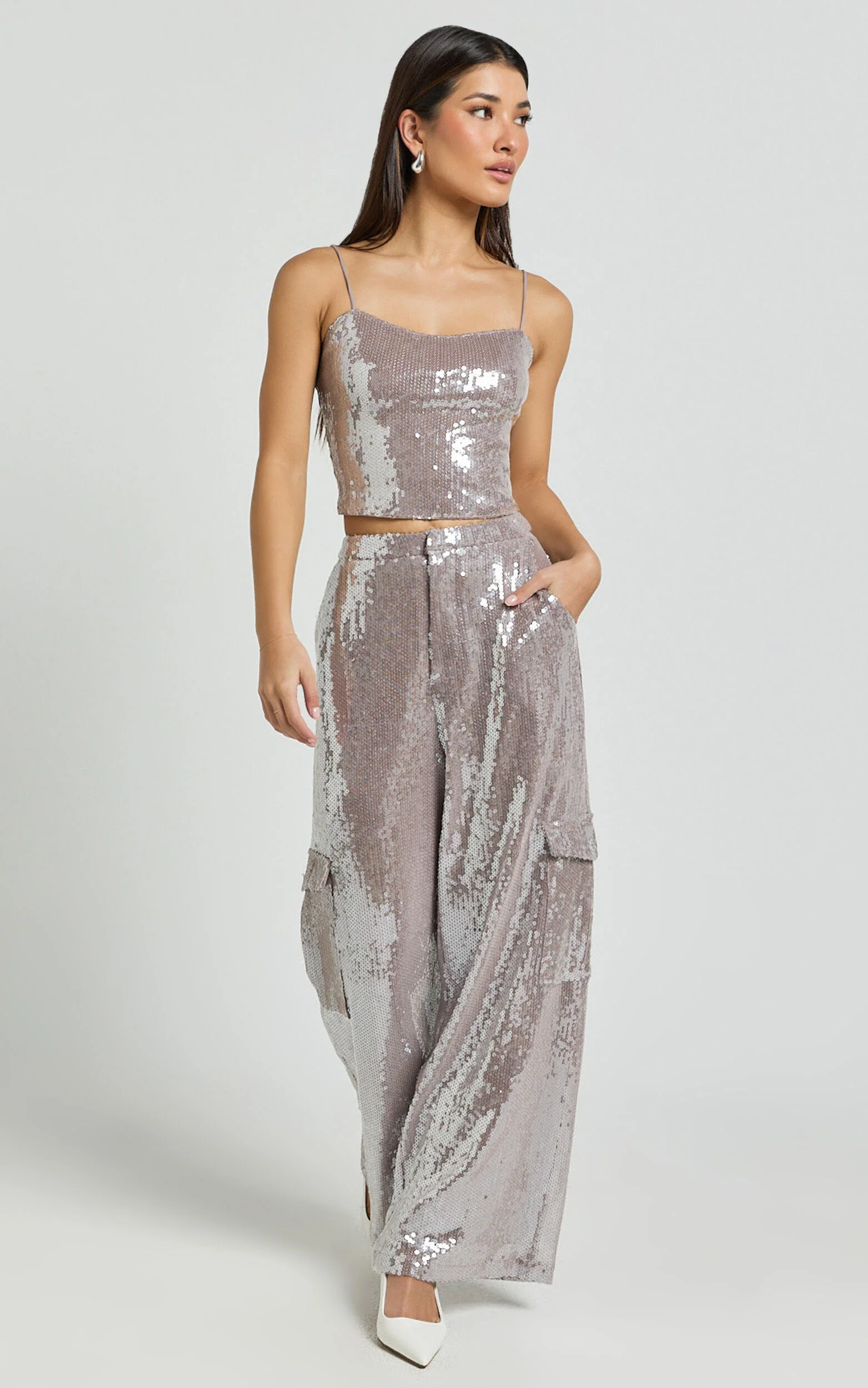 Tricia Pants - Mid Waist Cargo Pocket Sequin Pants in Grey