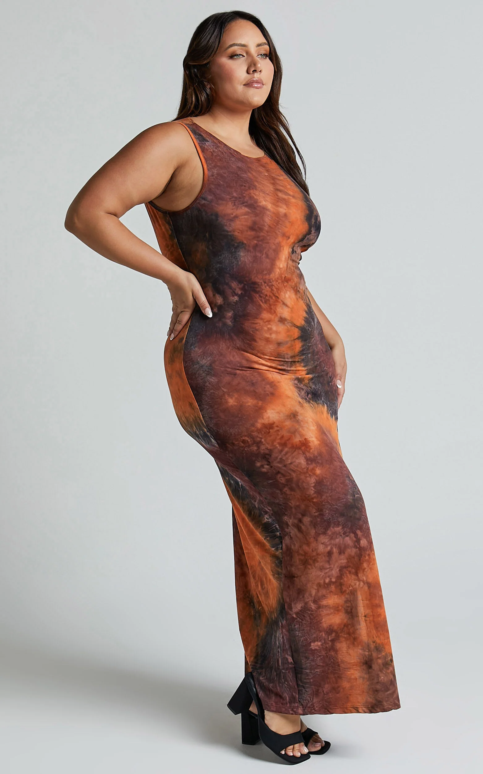 Amayra Midi Dress - High Neck Bodycon Dress in Brown Tie Dye