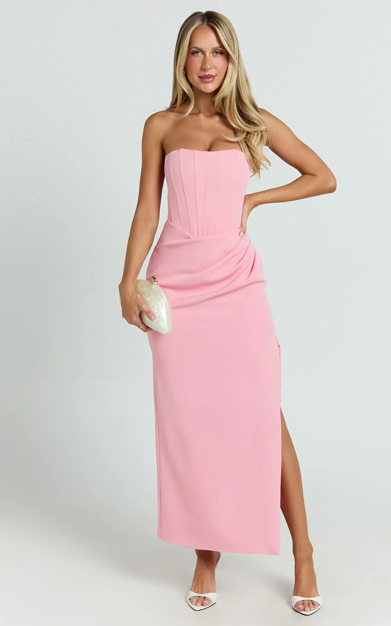 Avery Midi Dress - Strapless Draped Side Split Dress in Pink