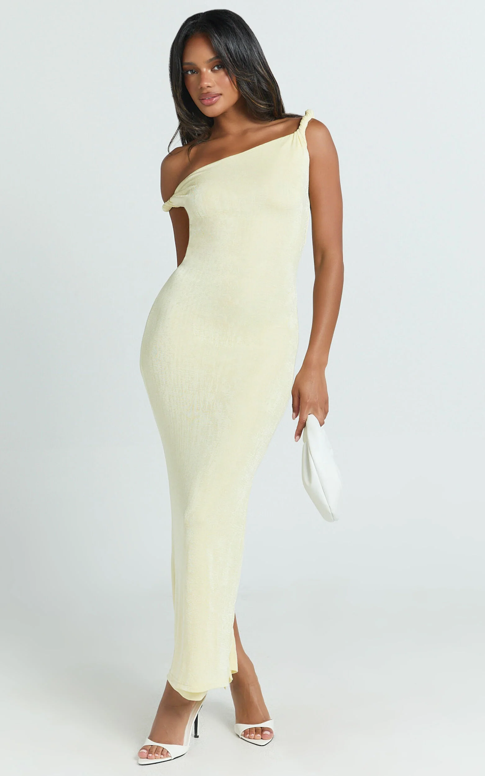 Isabel Midi Dress - Twist Off Shoulder Bodycon Dress in Lemon