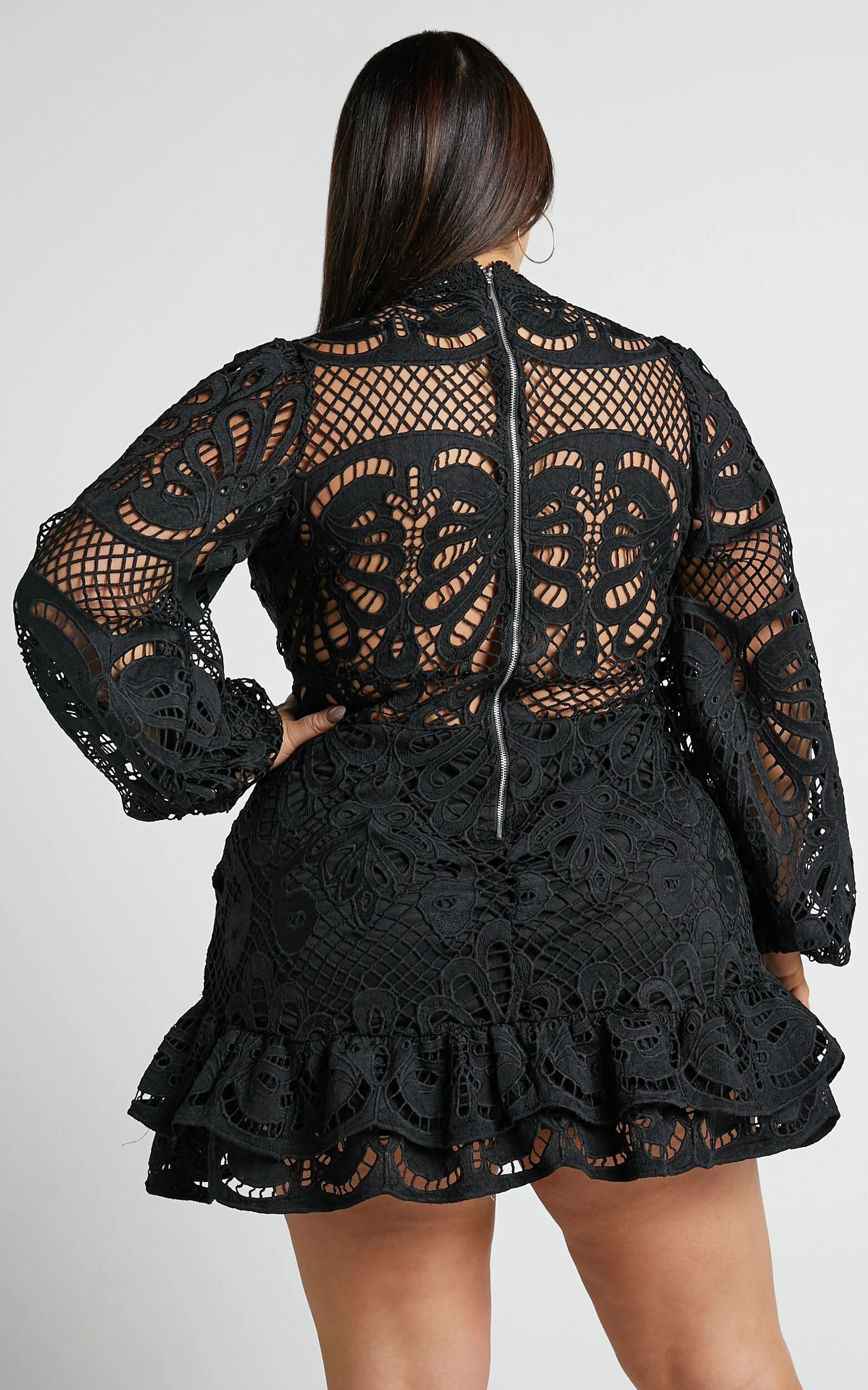 Kiss Me Now Mini Dress - Long Puff Sleeve Dress in Black Lace