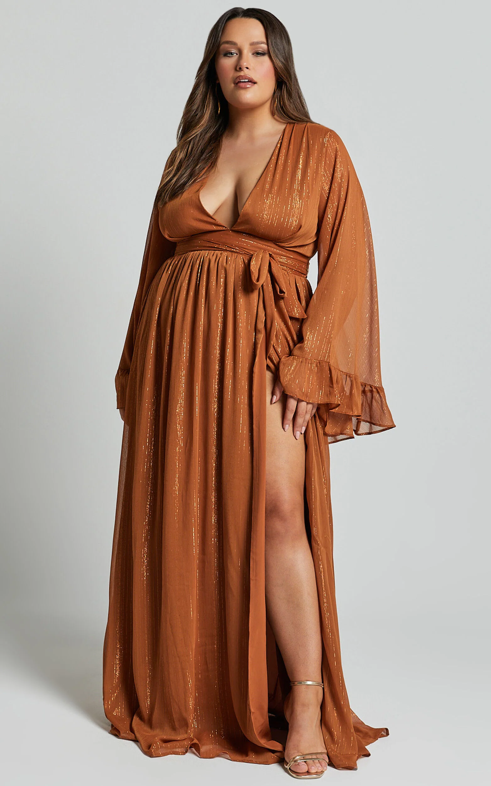 Dangerous Woman Maxi Dress - Plunge Thigh Split Dress in Rust
