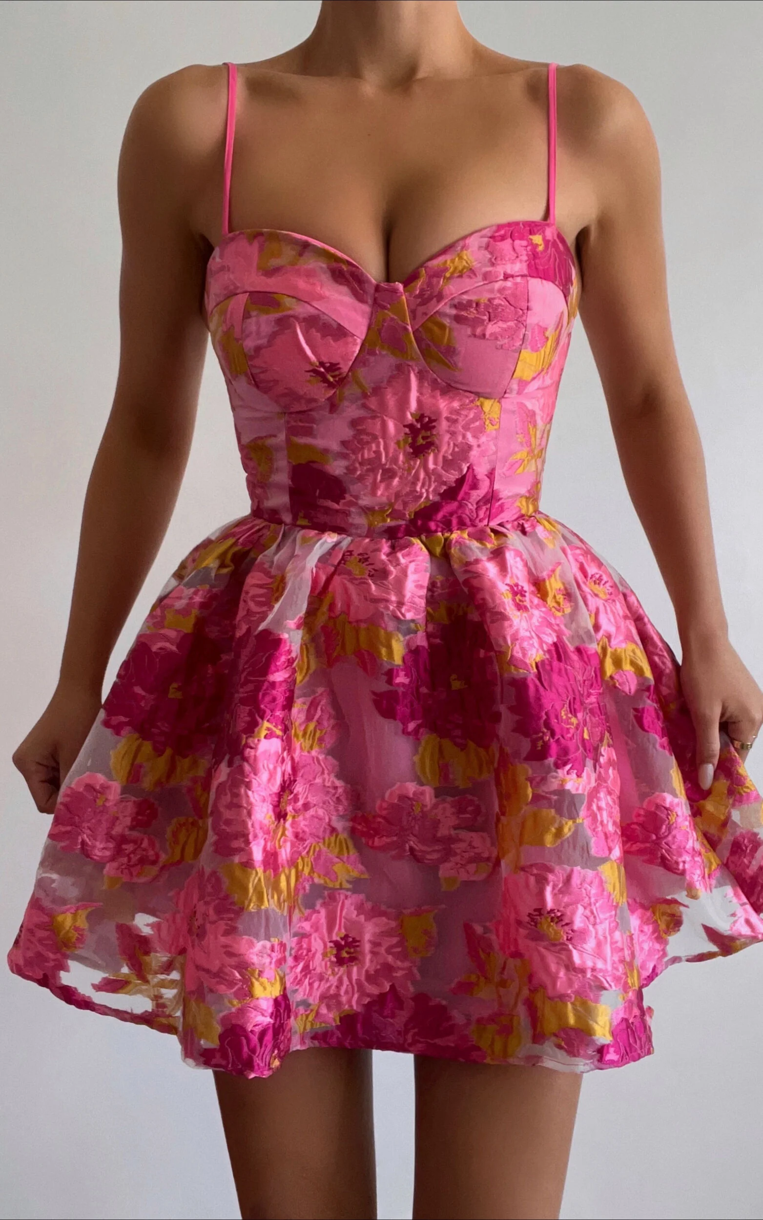 Brailey Mini Dress - Sweetheart Bustier Dress in Pink Jacquard