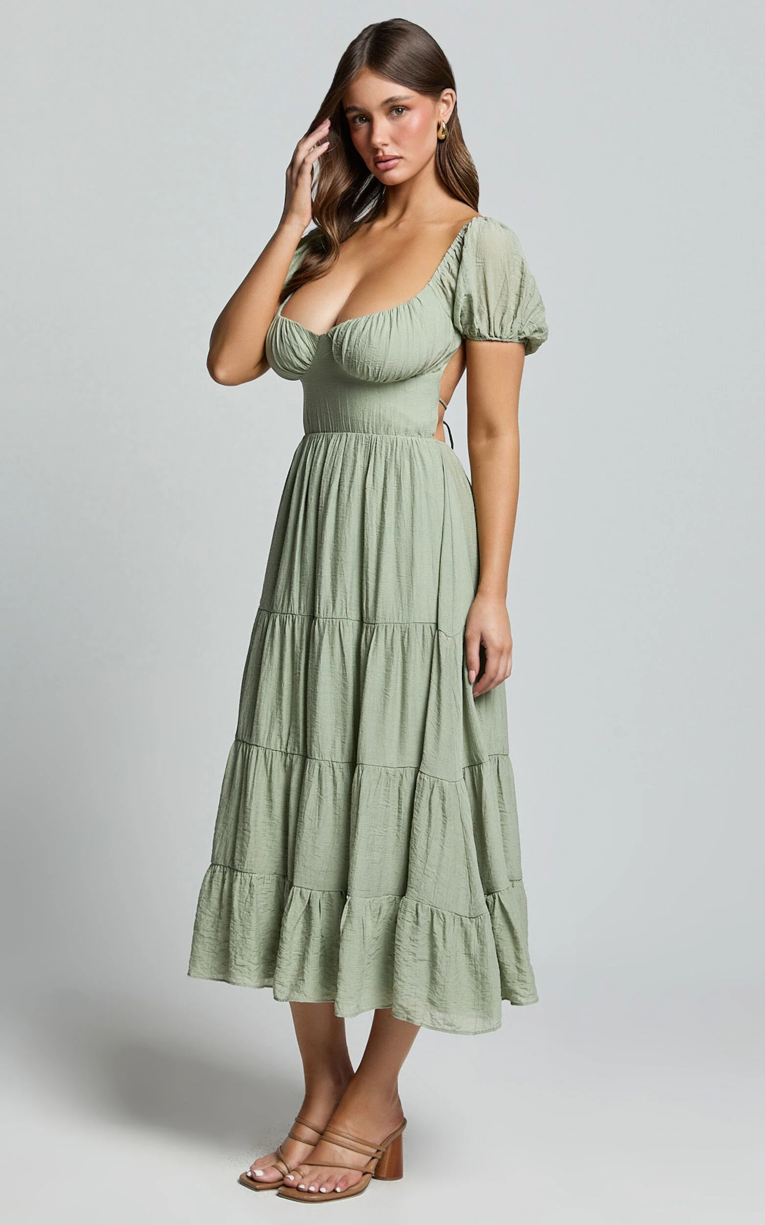 Anita Midi Dress - Puff Sleeve Tiered Dress in Sage