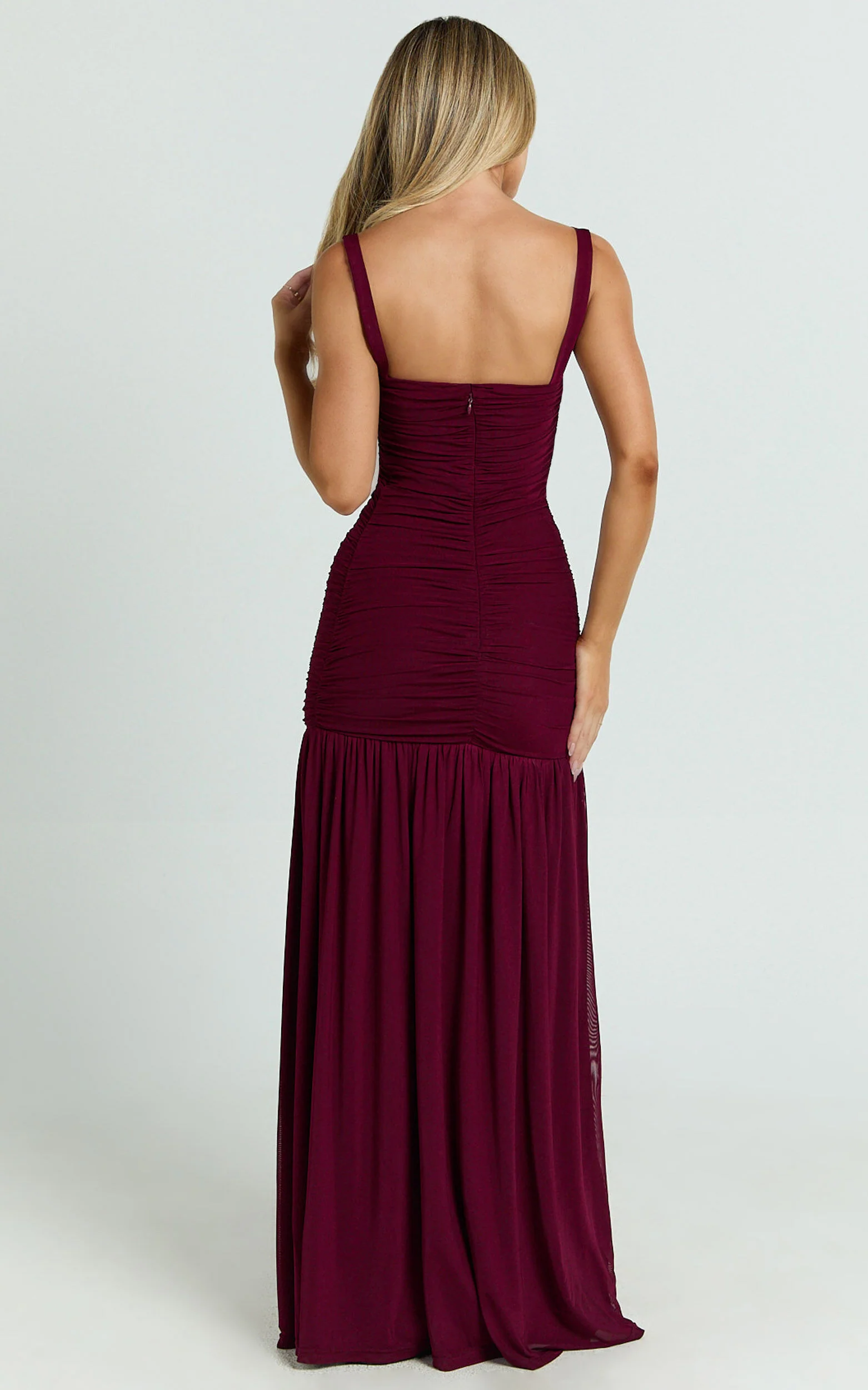Cardi Maxi Dress - Ruched Mesh High Leg Split Dress in Wine