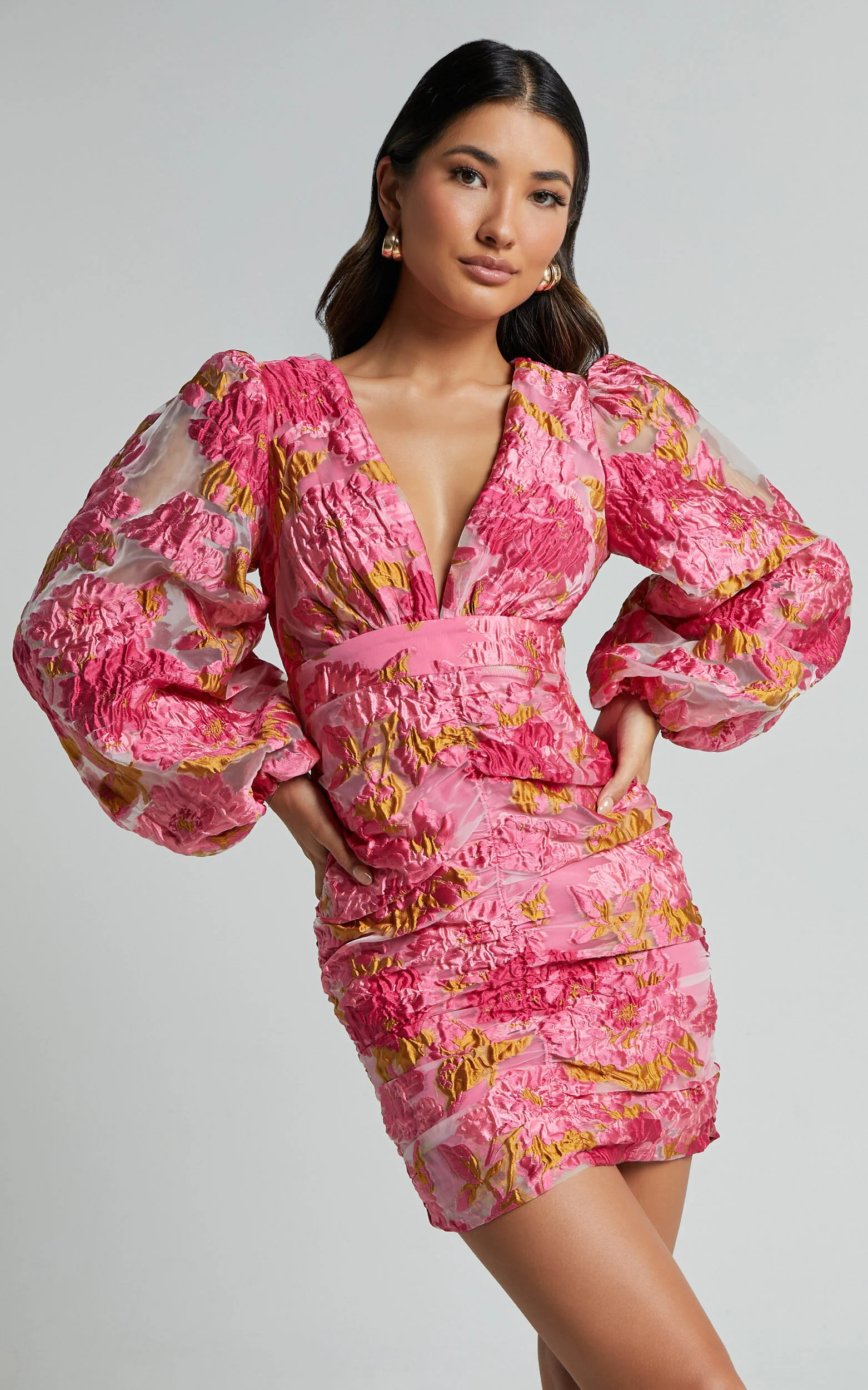 Farrah Mini Dress - Plunge Neck Long Sleeve Bodycon Dress in Pink