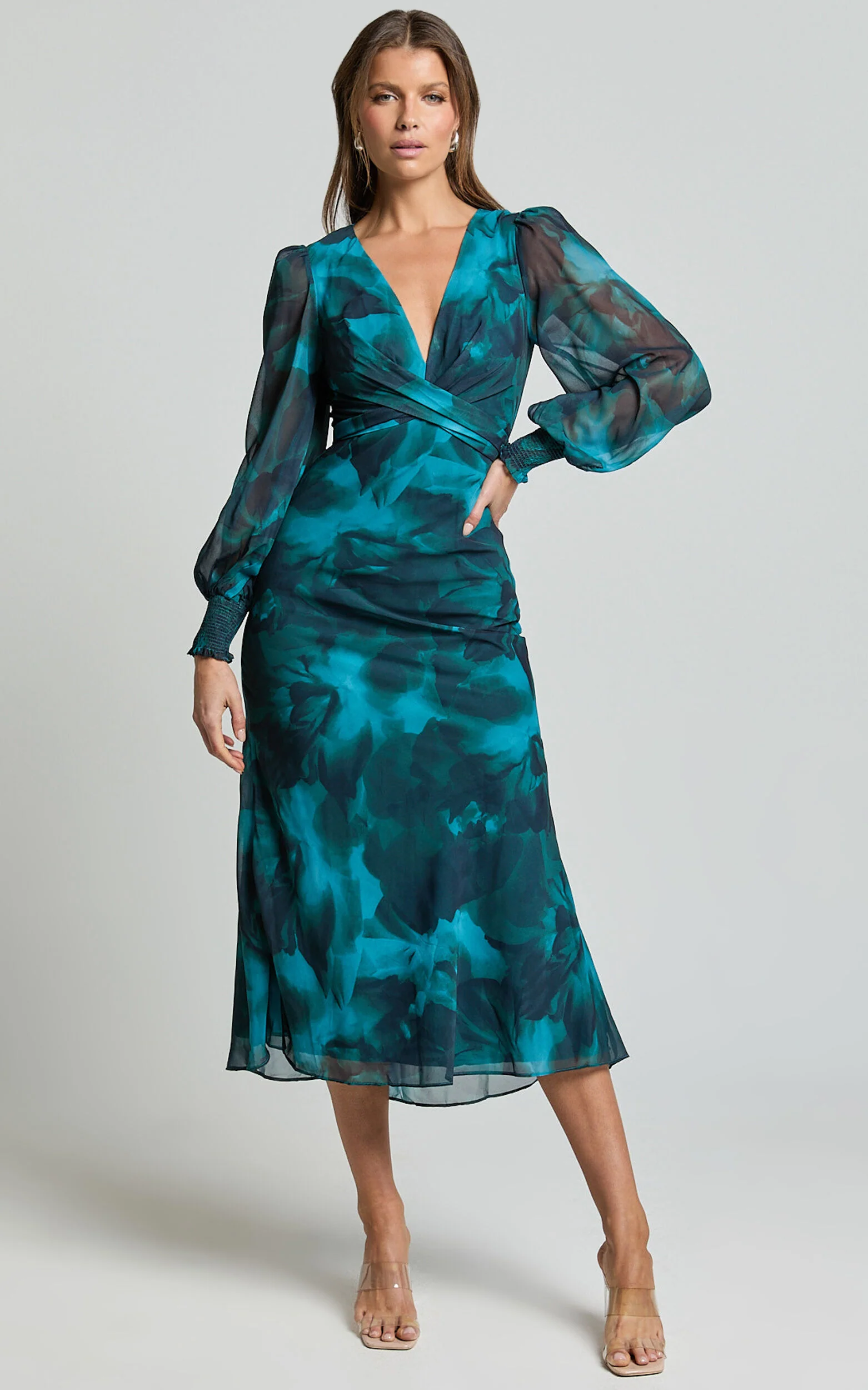 Artelia Midi Dress - V Neck Long Sleeve Slip Dress in Emerald