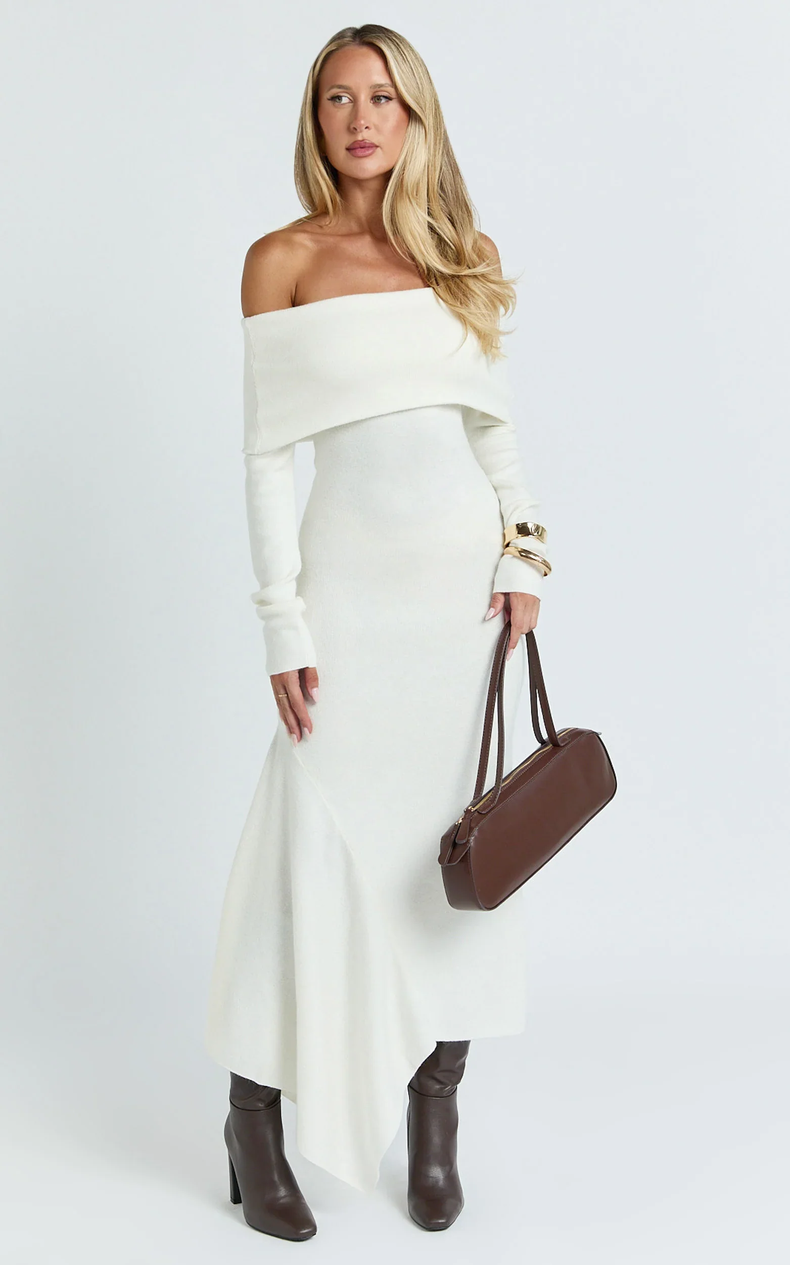Karina Midi Dress - Long Sleeve Folded Off Shoulder Asymmetric Dress in Cream