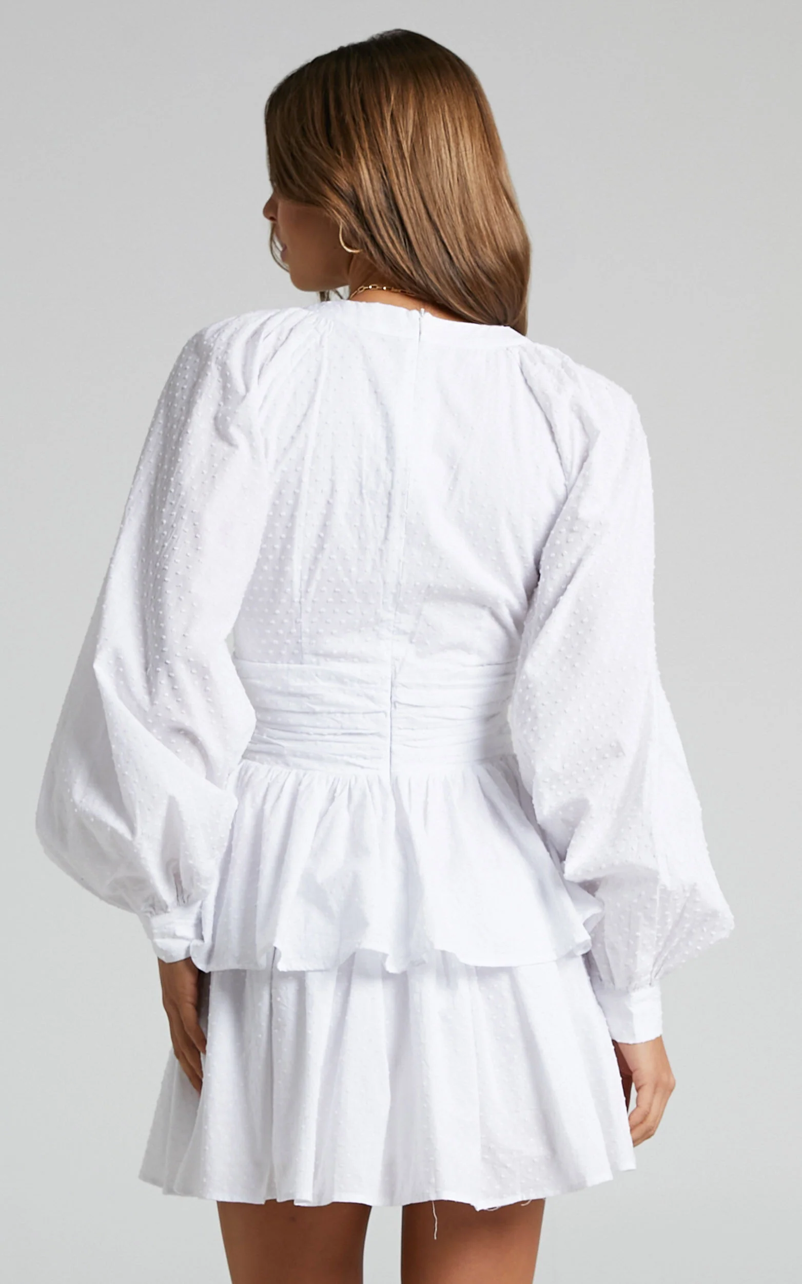 Suki Mini Dress - Plunge Neck Balloon Sleeve Tiered Ruffle Dress in White