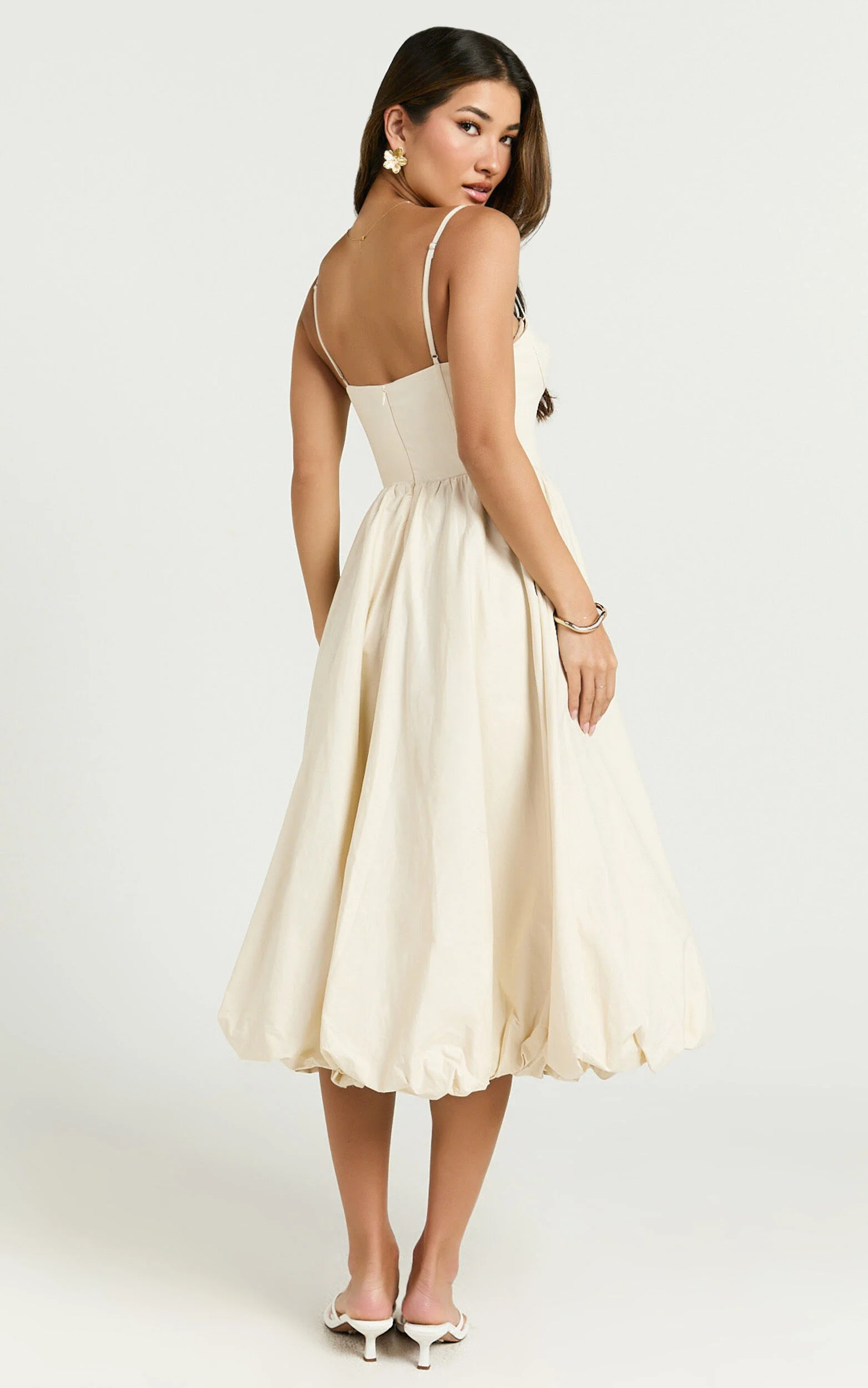Kara Midi Dress - Strapped Bustier Bubble Hem Dress in Cream