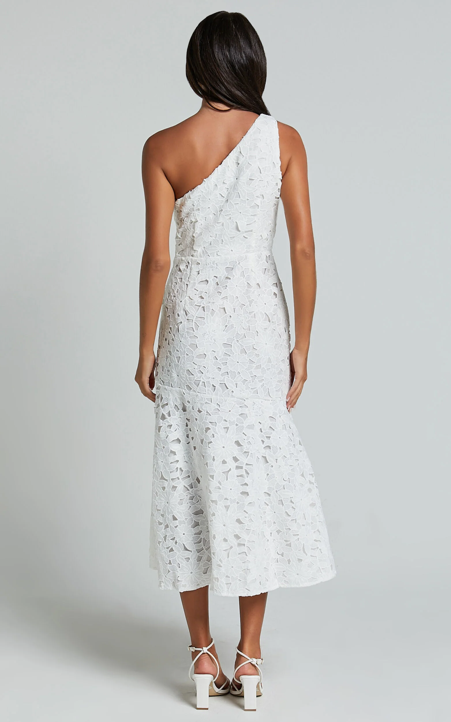 Beth Midi Dress - One Shoulder Ruffle Hem Lace Dress in White