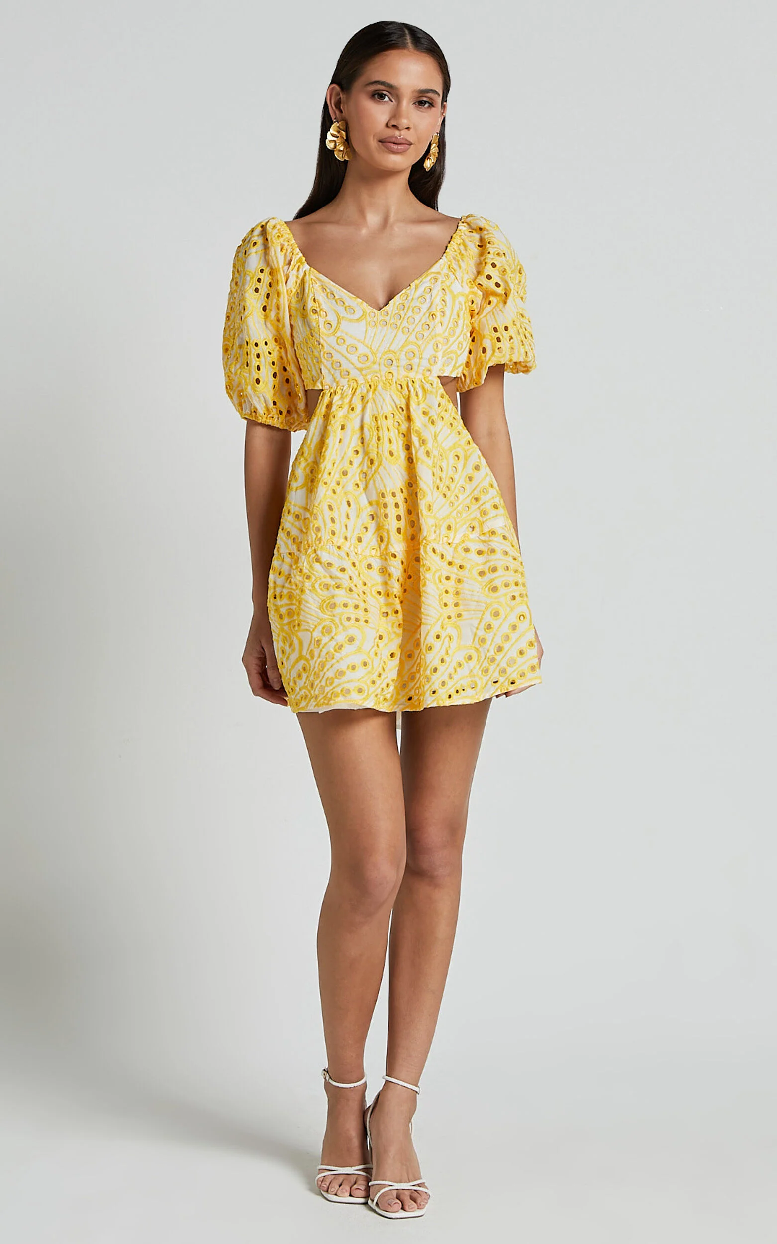 Sophia Mini Dress - Tie Back Puff Sleeve Dress in White and Yellow