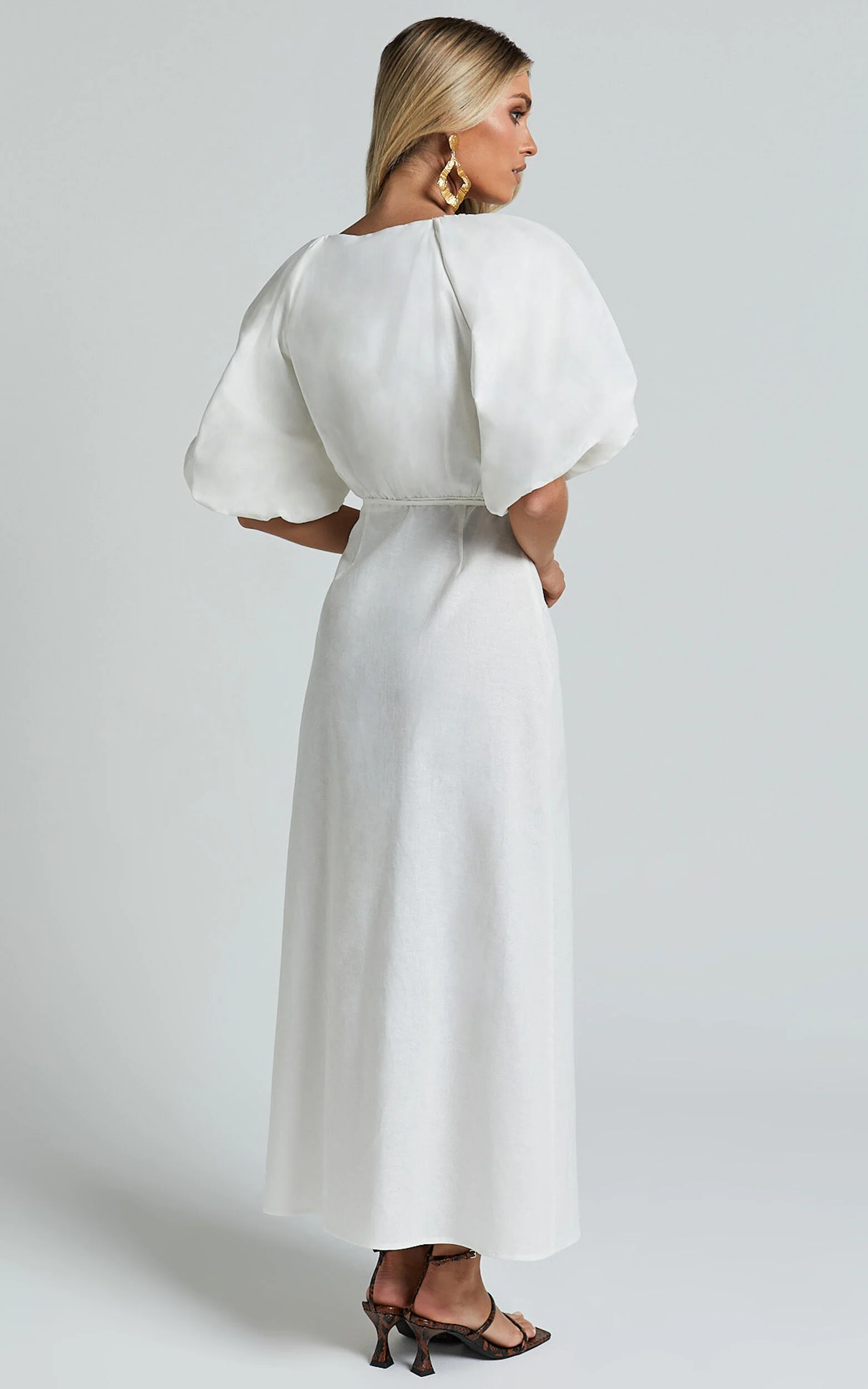Amalie The Label - Santana Linen Blend Puff Sleeve Wrap Midi Dress in White