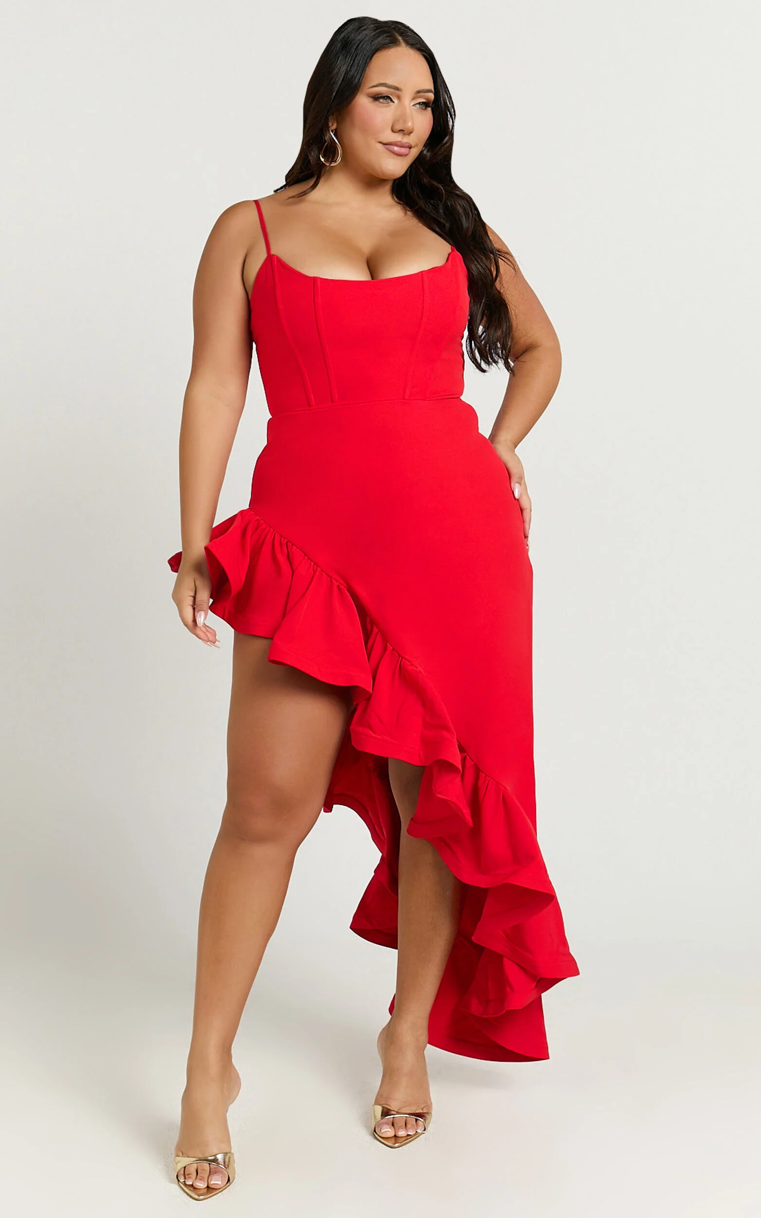 Maura Maxi Dress - Scoop Neckline Ruffle High Low Dress in Red