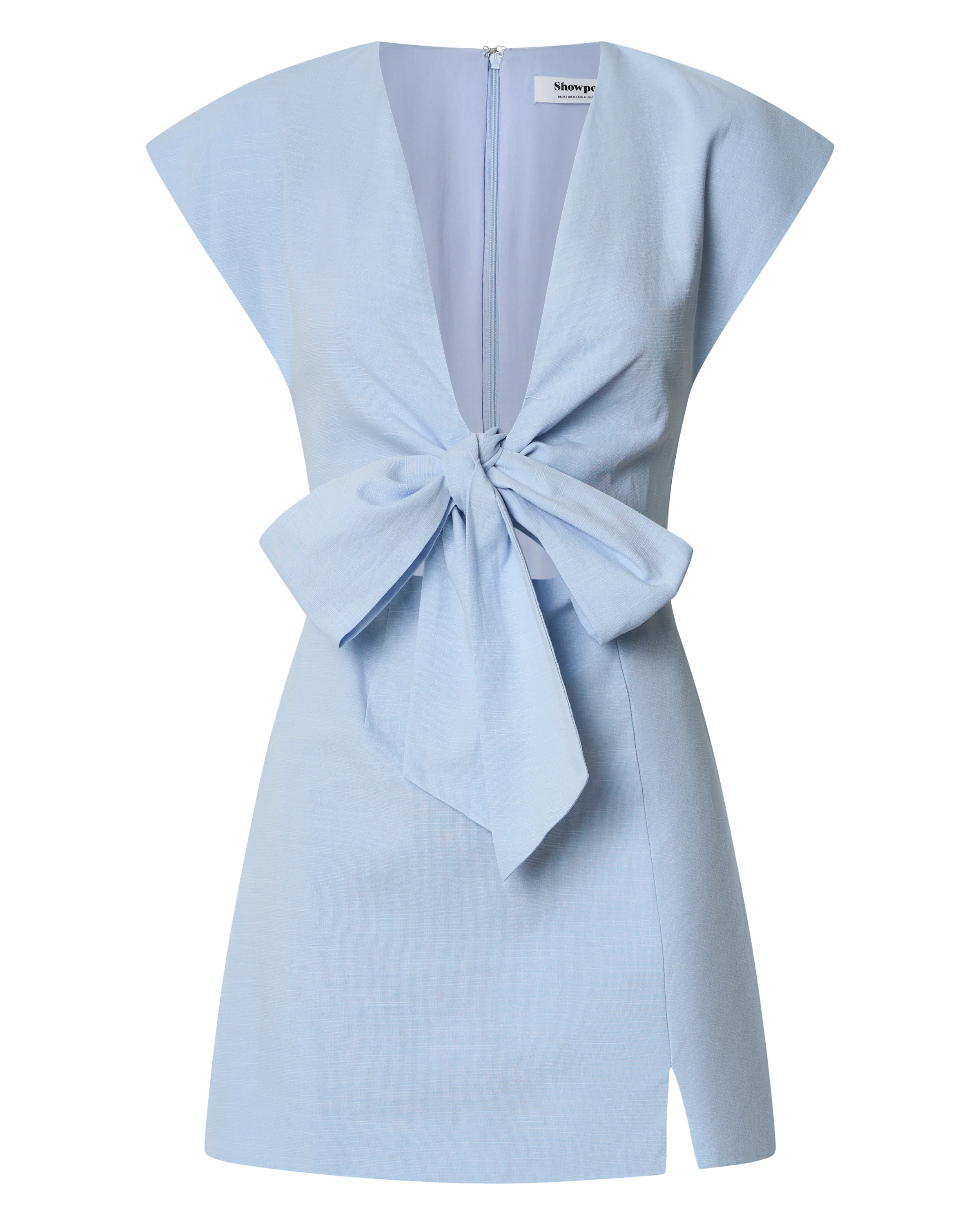 Alexandrea Mini Linen Dress - Twist Front Cap Sleeve Fitted Dress in Blue