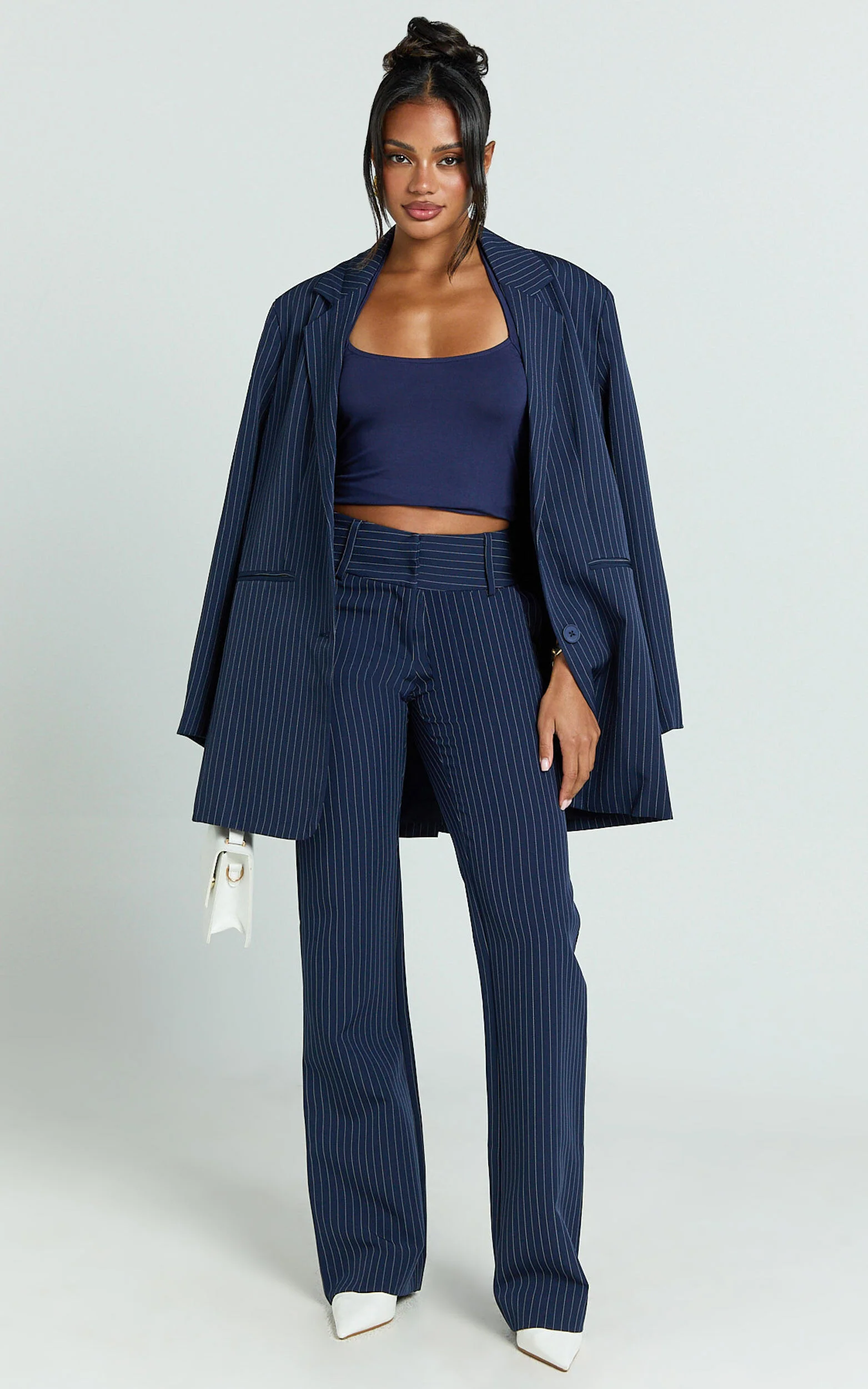 Elliot Pants - Mid Rise Pinstripe Bootleg Pants in Navy
