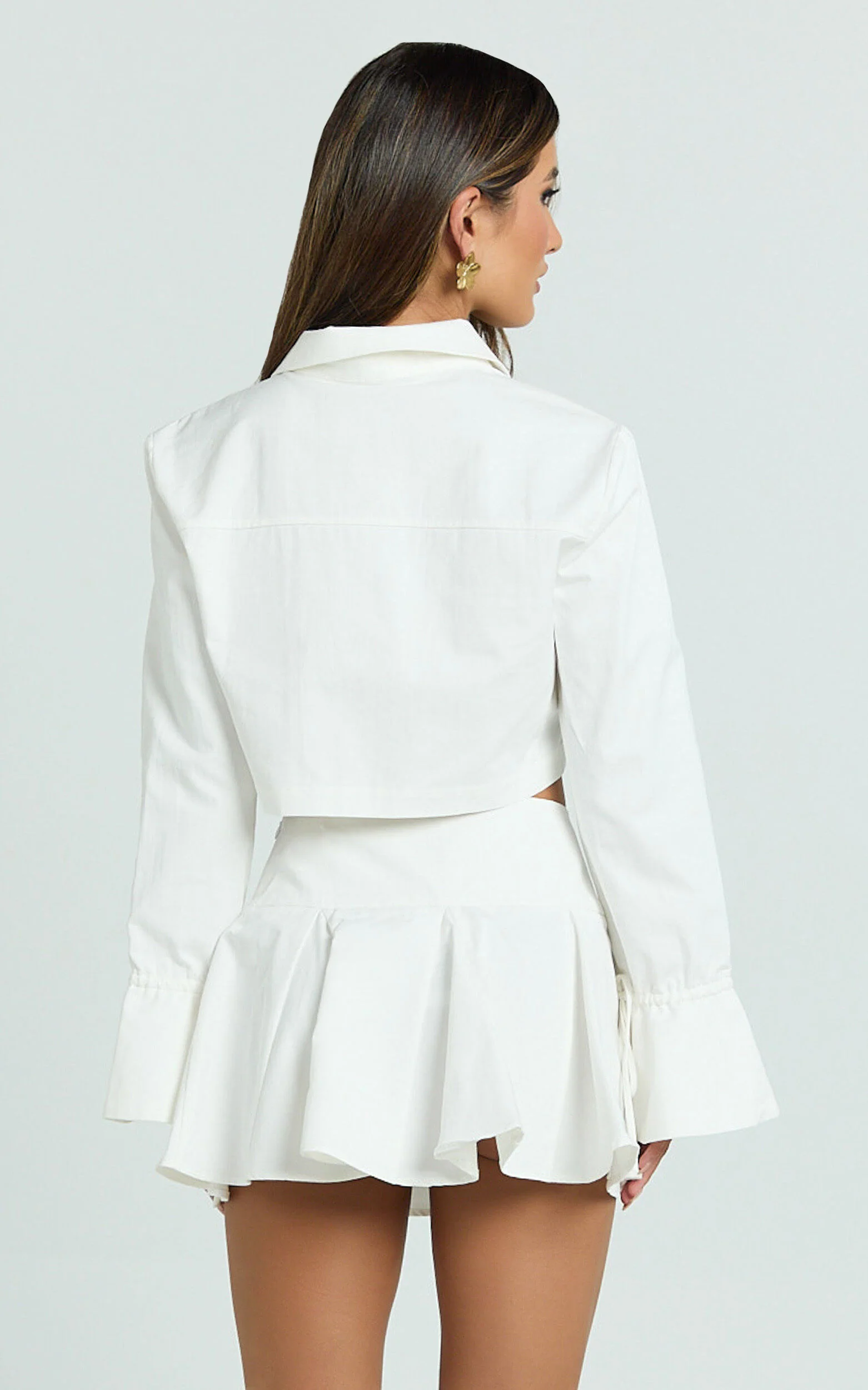 Harlow Two Piece Set - Long Sleeve Crop Shirt and Mini Skirt Set in White