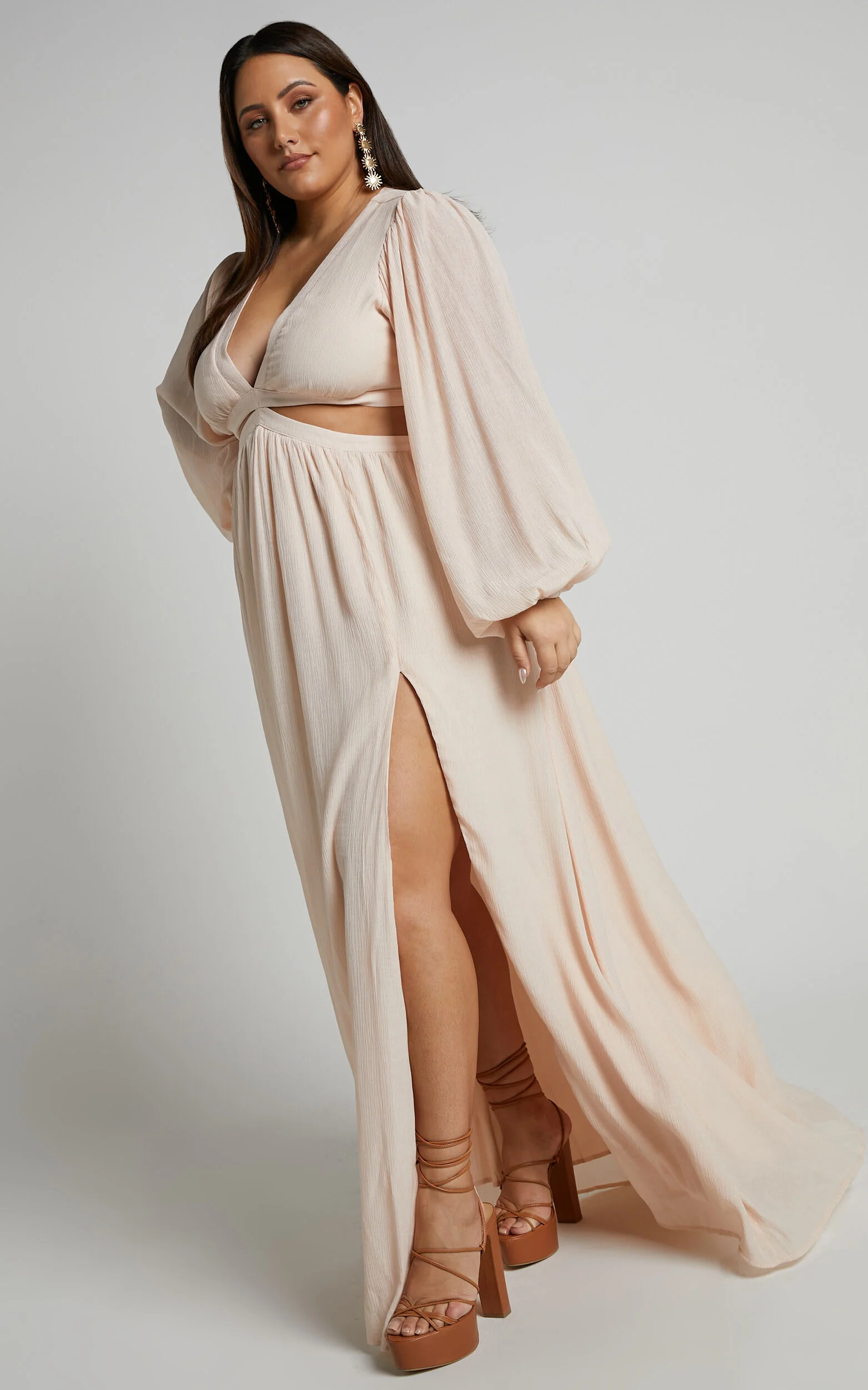 Paige Maxi Dress - Side Cut Out Balloon Sleeve Dress in Neutral