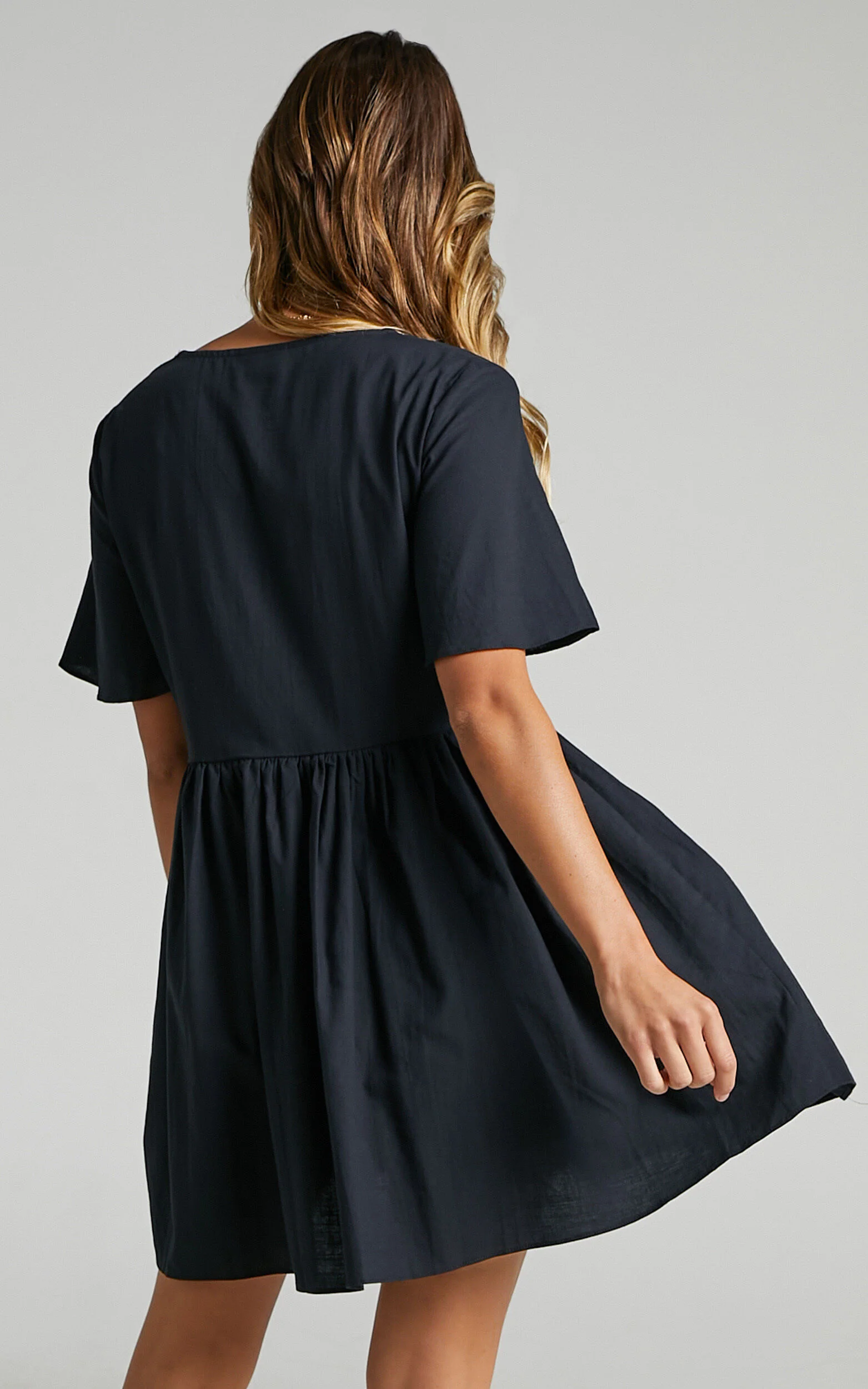 Staycation Mini Dress - Smock Button Up Dress in Black