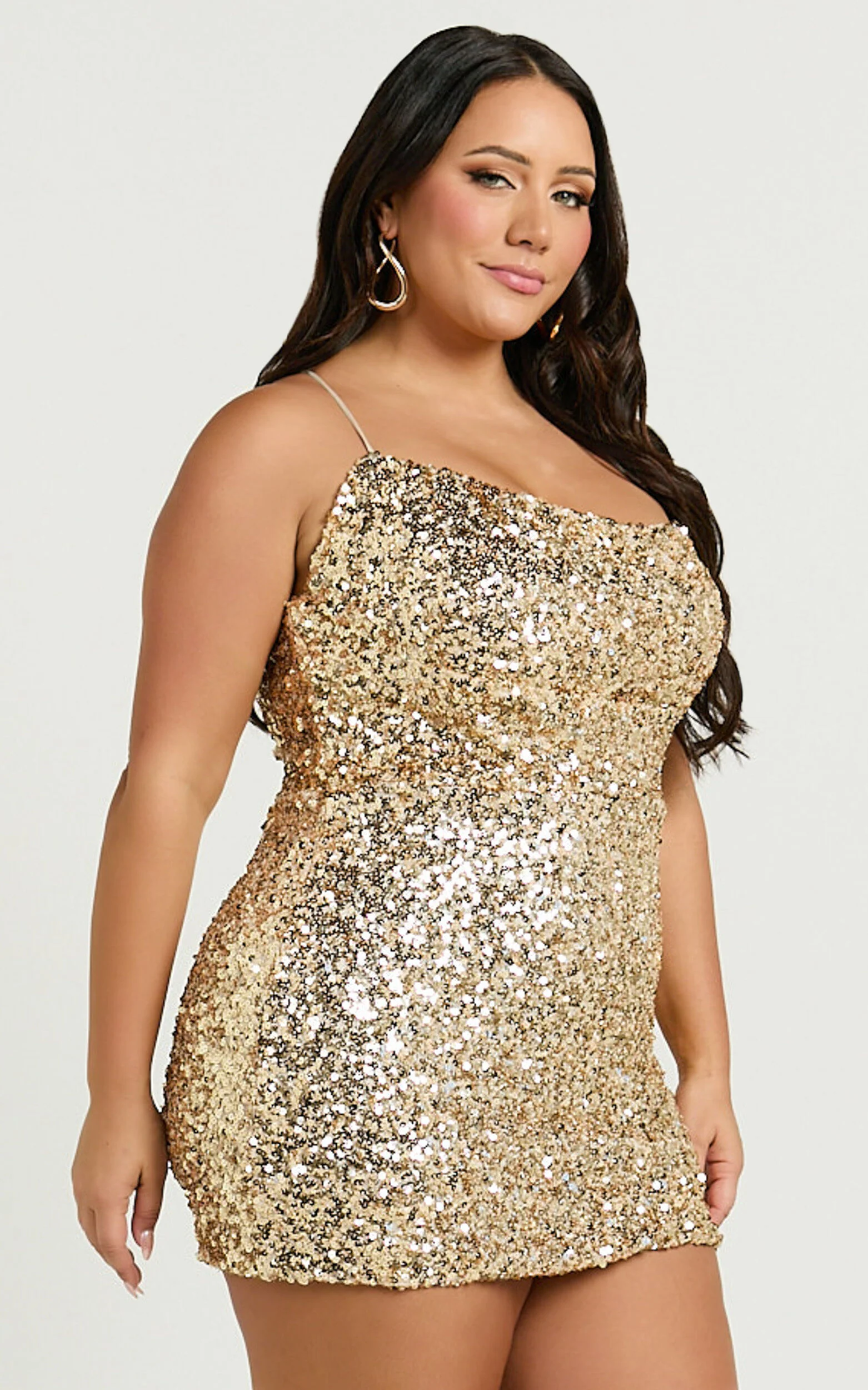 Hughes Mini Dress - Cowl Neck Tie Back Sequin Dress in Gold
