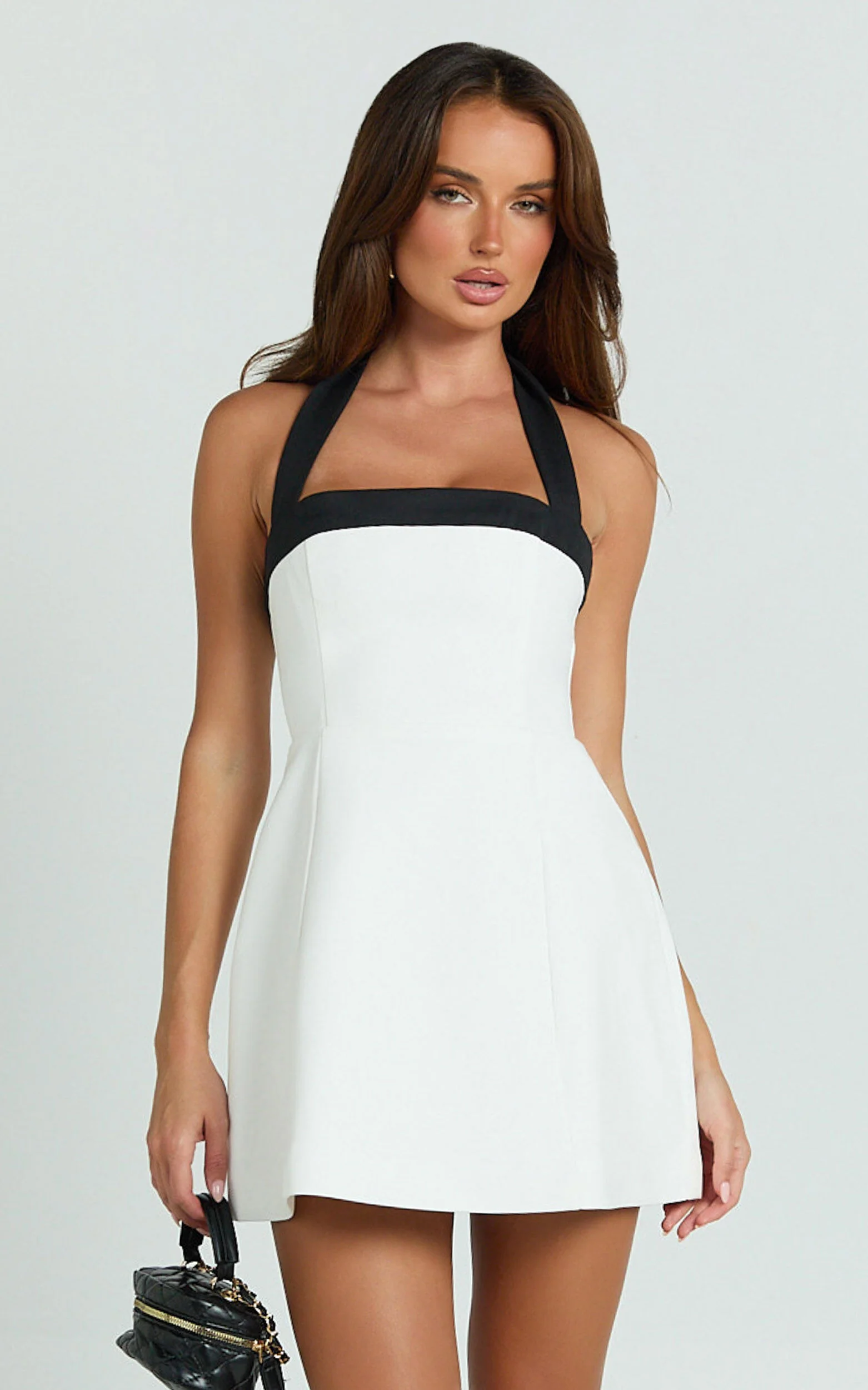 Broome Mini Dress - Contrast Halter Tie Tulip Skirt Dress in White/Black