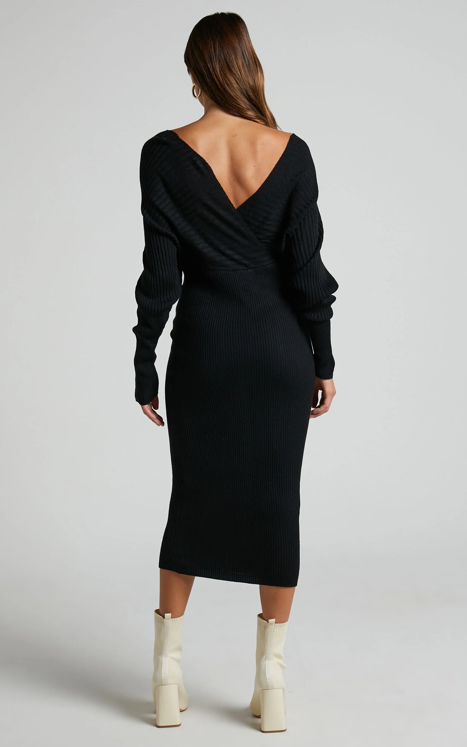 Sheika Midi Dress - Long Sleeve Off Shoulder Knit Dress in Black