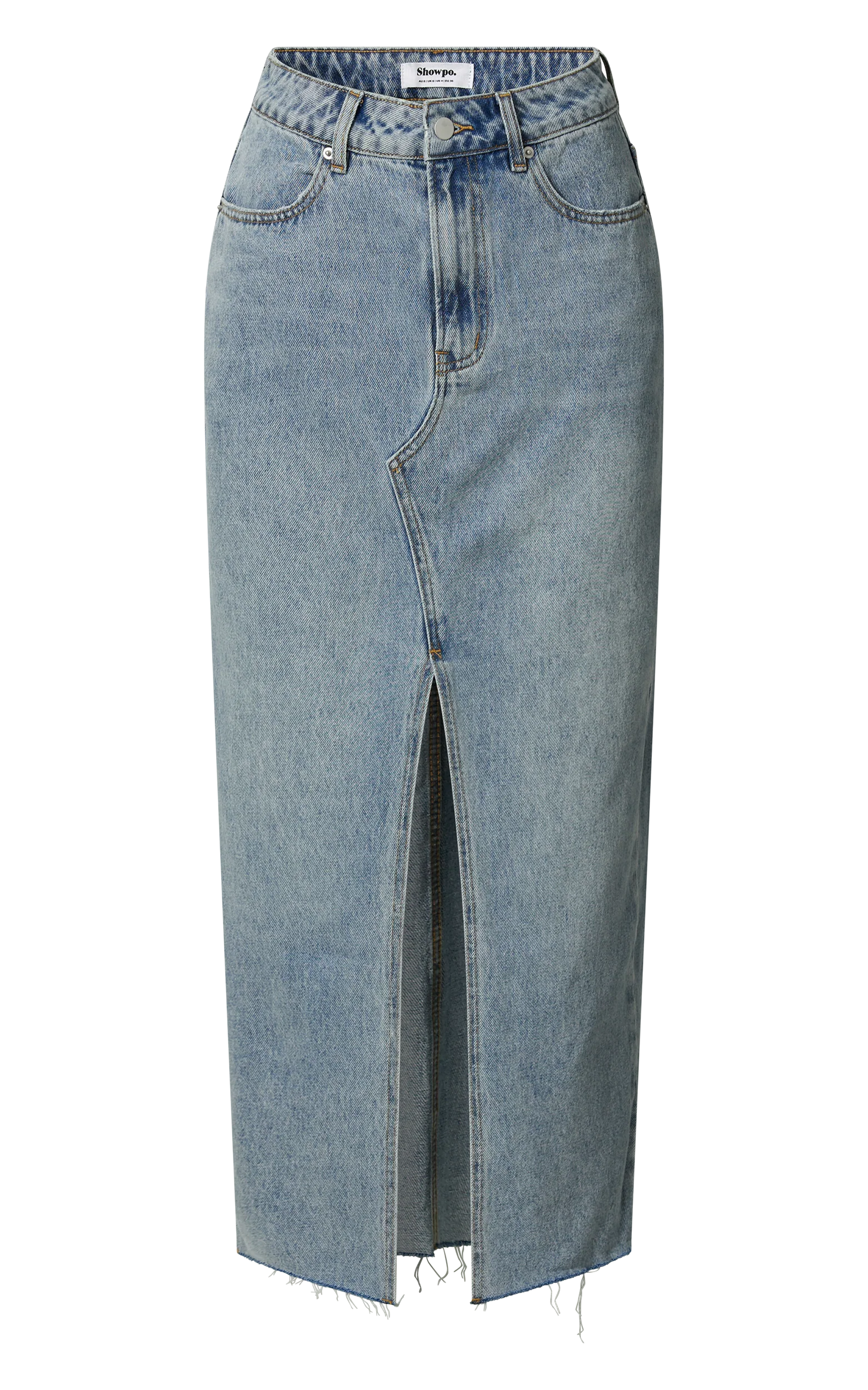 Kira Midi Skirt - Front Split Denim Skirt in Light Blue Wash