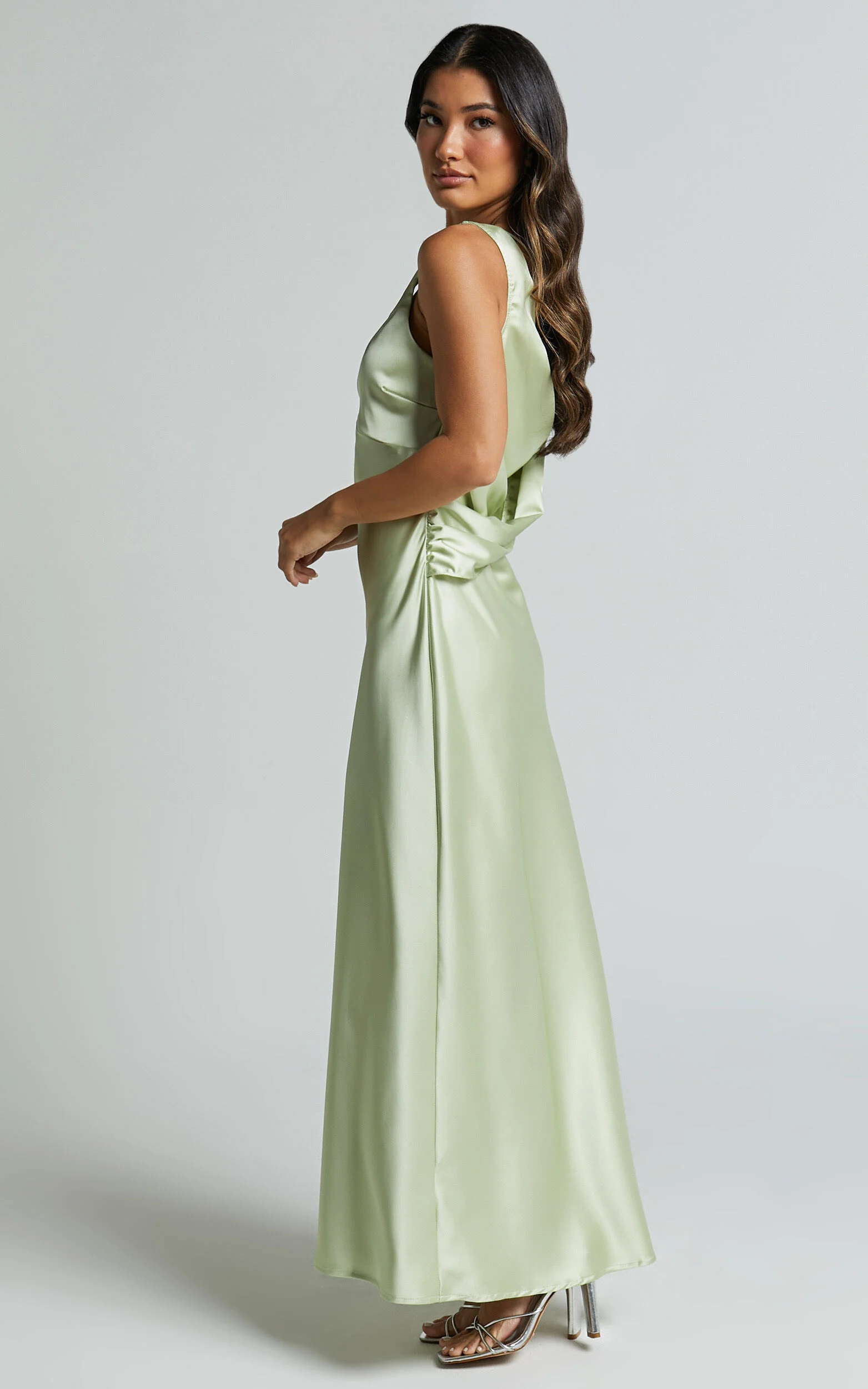 Bettina Midi Dress- Deep V Cross Back Satin Dress in Apple Green