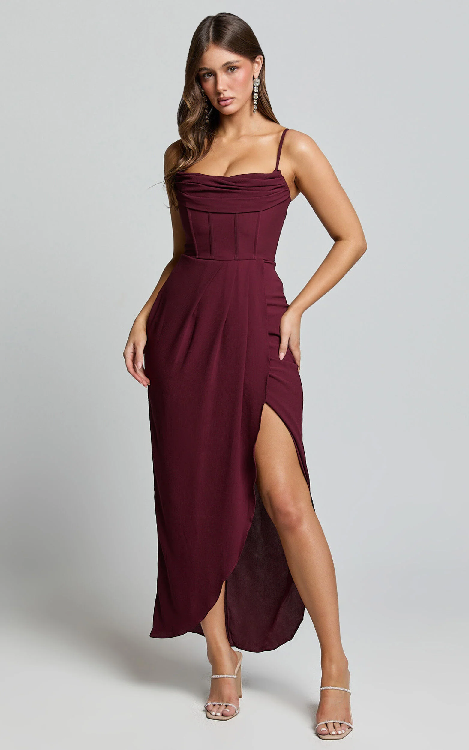 Andrina Midi Dress - High Low Wrap Corset Dress in Wine