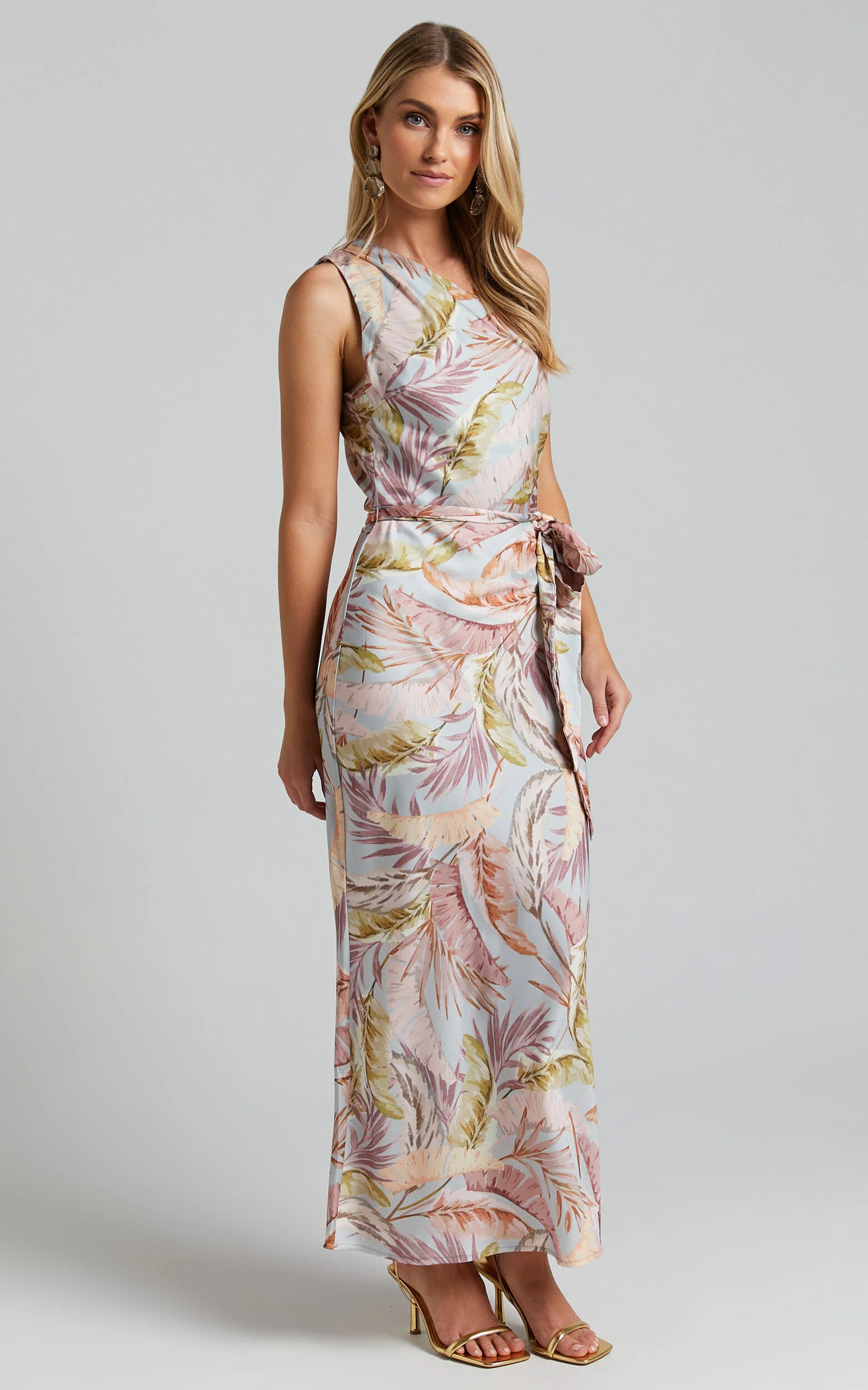 Adea Midi Dress - Asymmetric One Shoulder Slip Dress in Blue Lagoon Leaf Print