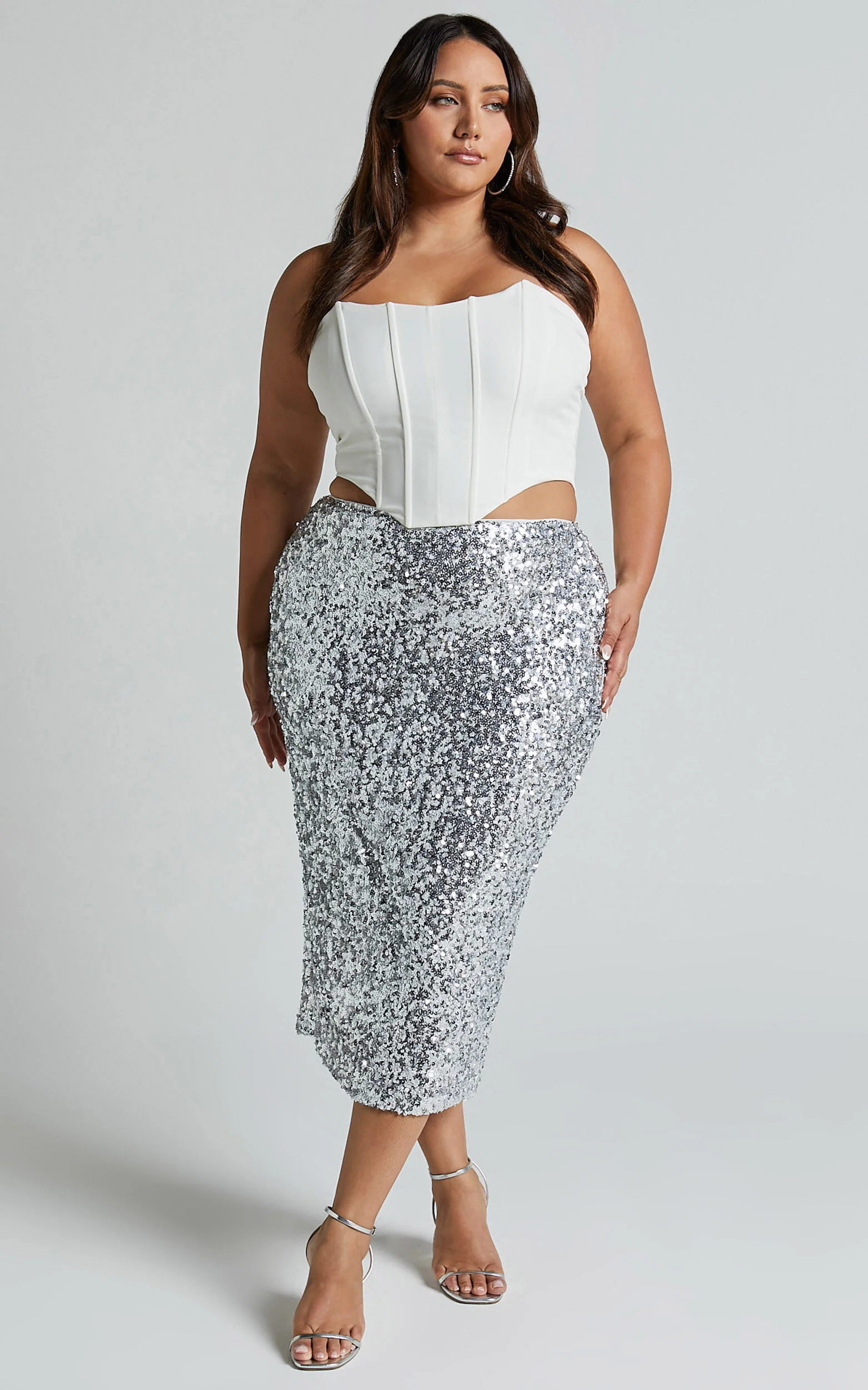 Hasley Midi Skirt - Sequin Bodycon Skirt in Silver