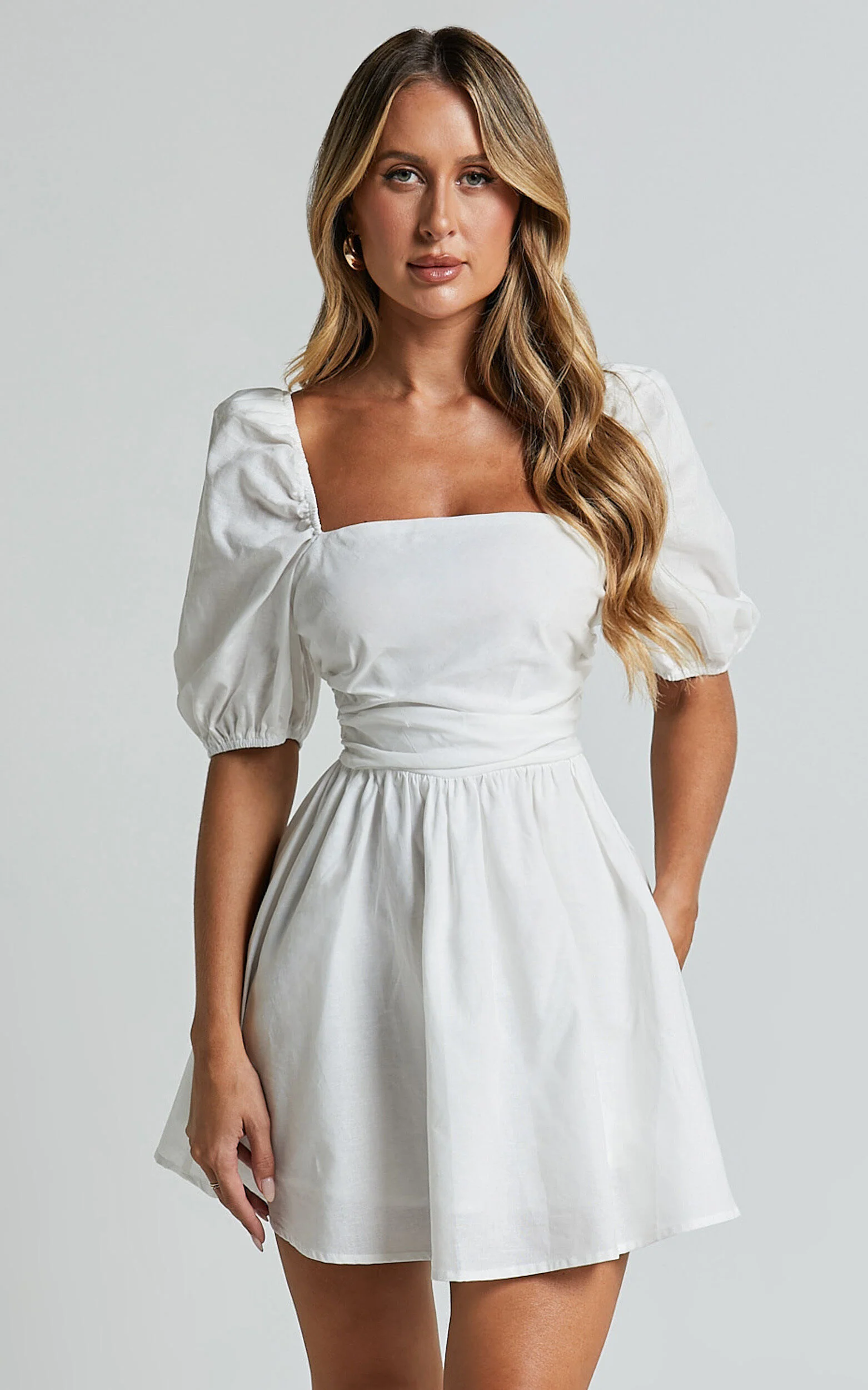 Claudina Mini Dress - Linen Look Puff Sleeve Ruched Bodice Dress in White