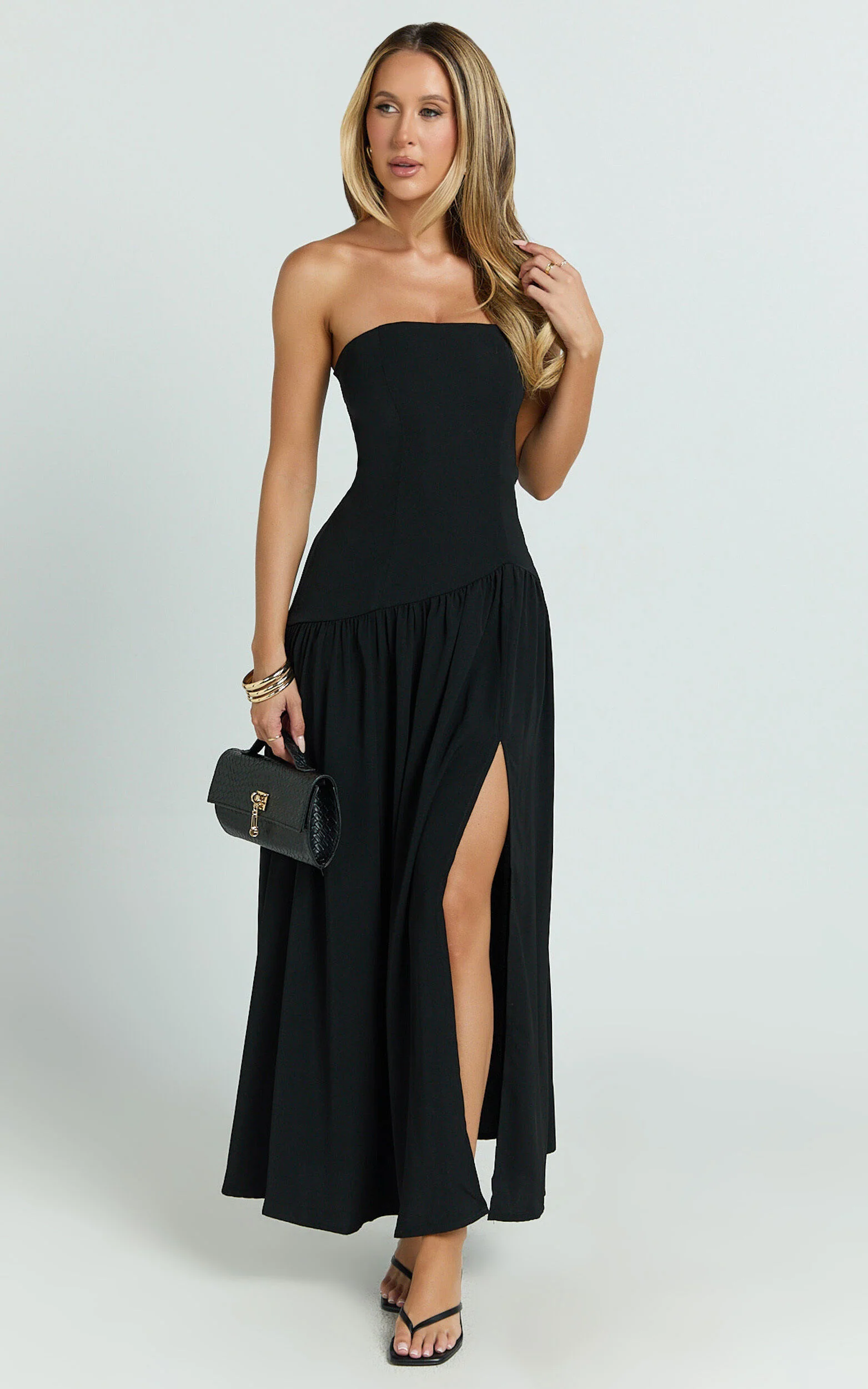 Nadiane Maxi Dress - Strapless Asymmetric Drop Waist Dress in Black