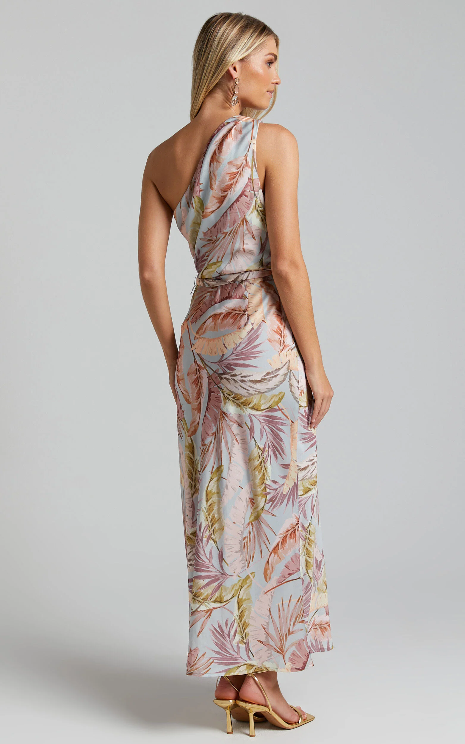 Adea Midi Dress - Asymmetric One Shoulder Slip Dress in Blue Lagoon Leaf Print