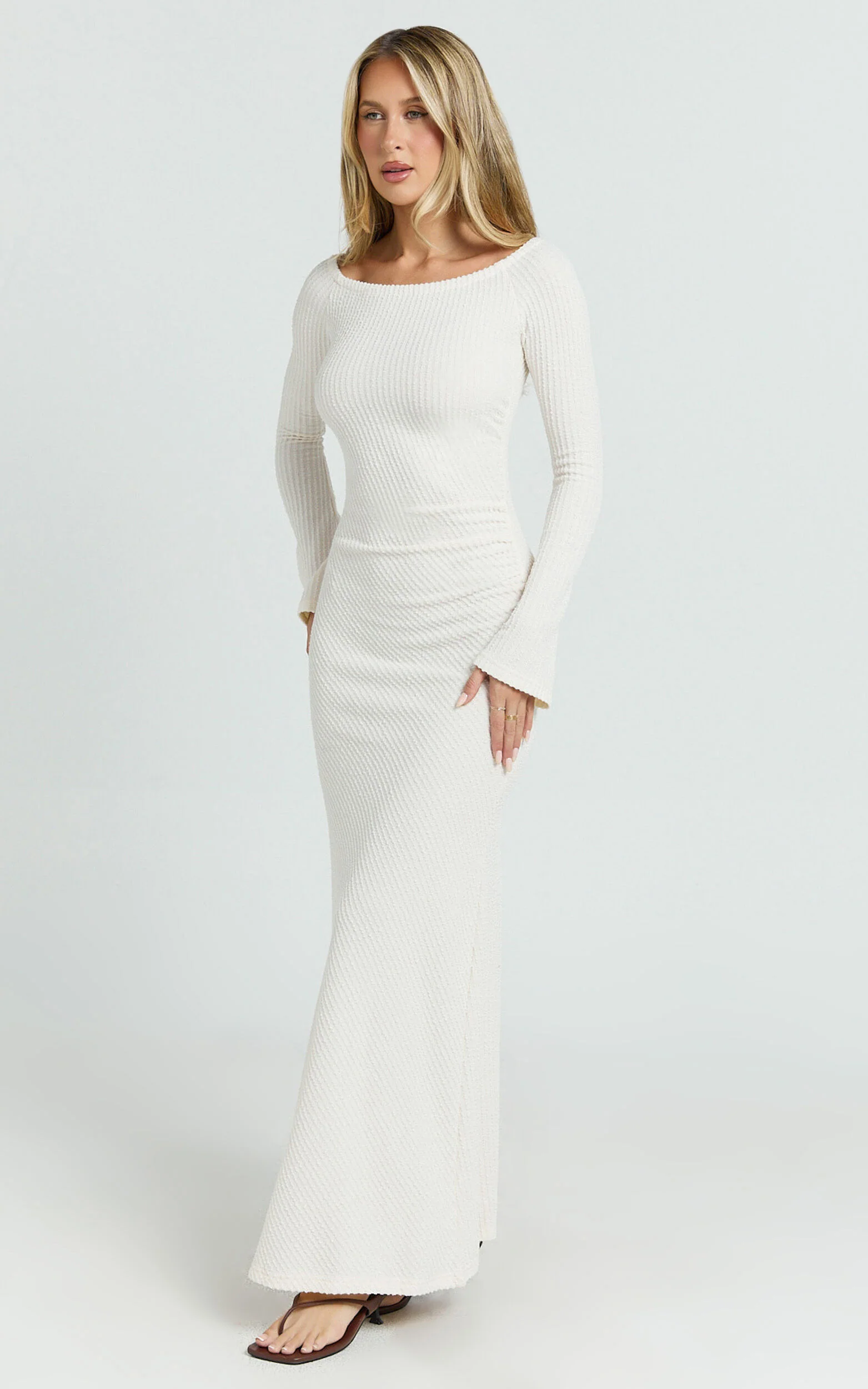 Ayla Maxi Dress - Off Shoulder Flared Sleeve Bodycon Dress in Off White