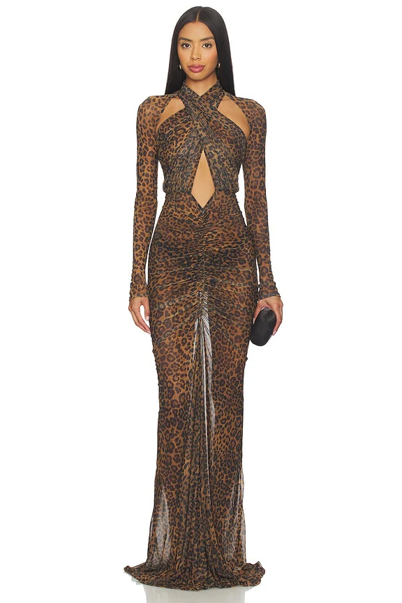 Printed Mesh Halter Ruched Gown