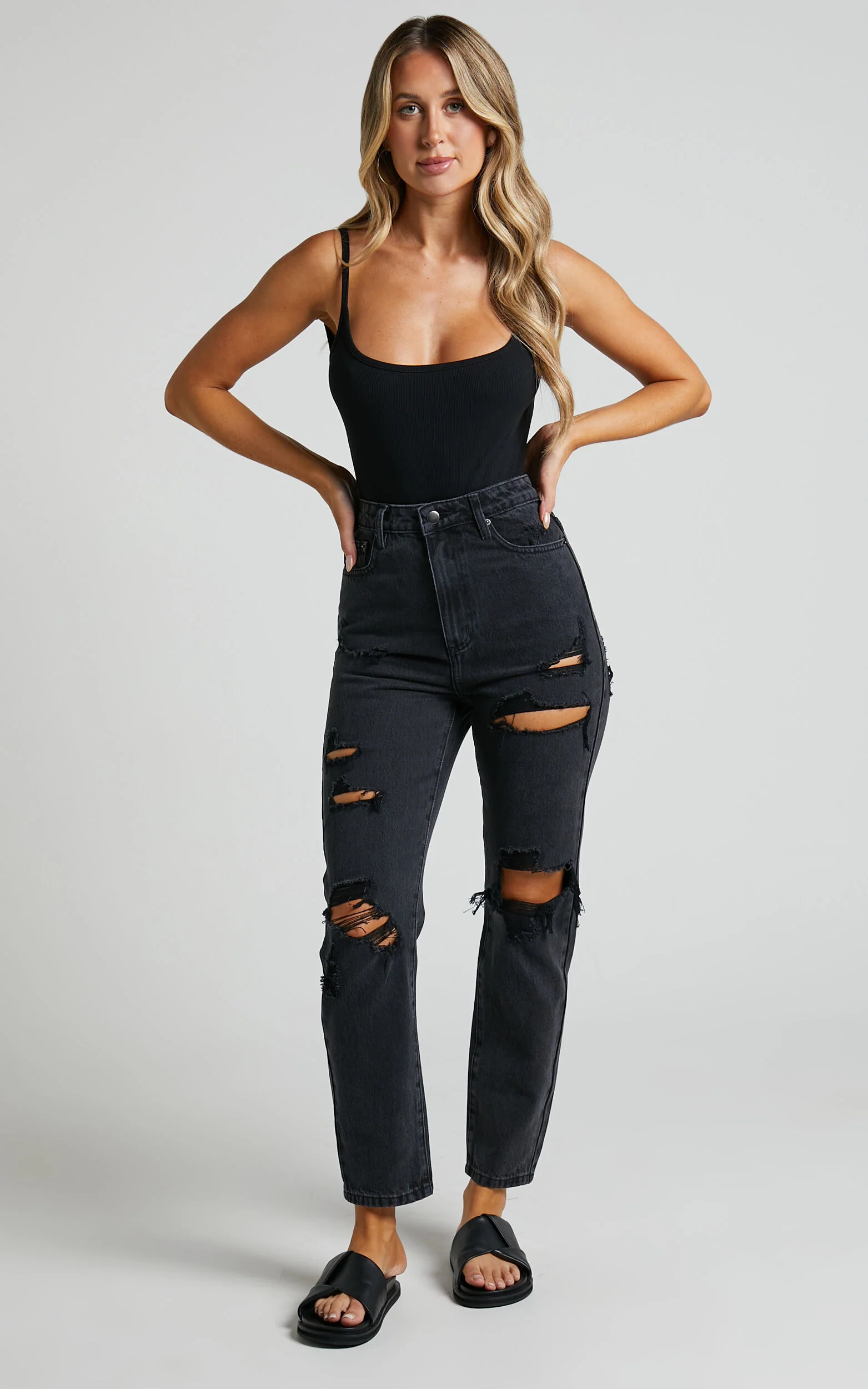 Billie Jeans - High Waisted Cotton Distressed Mom Denim Jeans in Black Wash